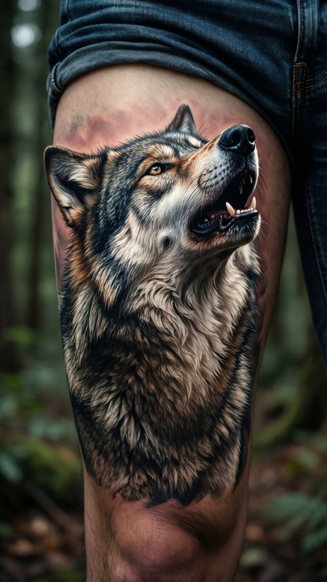 3D Wolf Howling Tattoo 壁紙 — 一個超寫實的狼紋身，位於一個人的大腿上，毛髮細節豐富，眼神銳利，背景是模糊的森林。