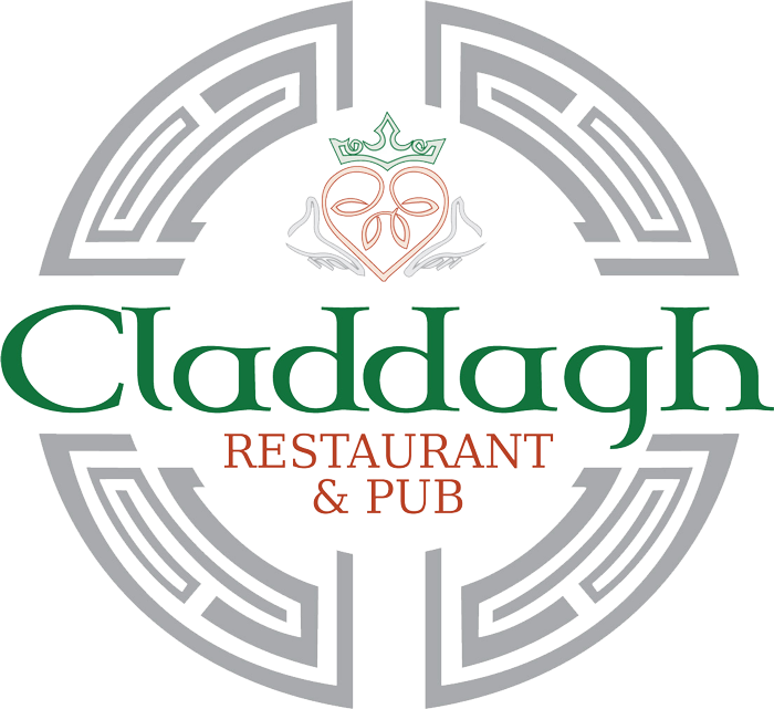 Claddagh餐館酒吧標誌 壁紙 — Claddagh Restaurant & Pub 的標誌，在灰色幾何圓圈內有一顆由雙手捧著並戴著皇冠的心。