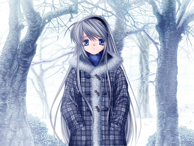 穿著冬季外套的動漫女孩站在白雪覆蓋的樹木之間。