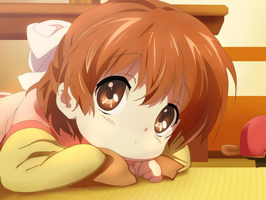 棕色頭髮的動漫女孩躺在木地板上，睜大眼睛向上看