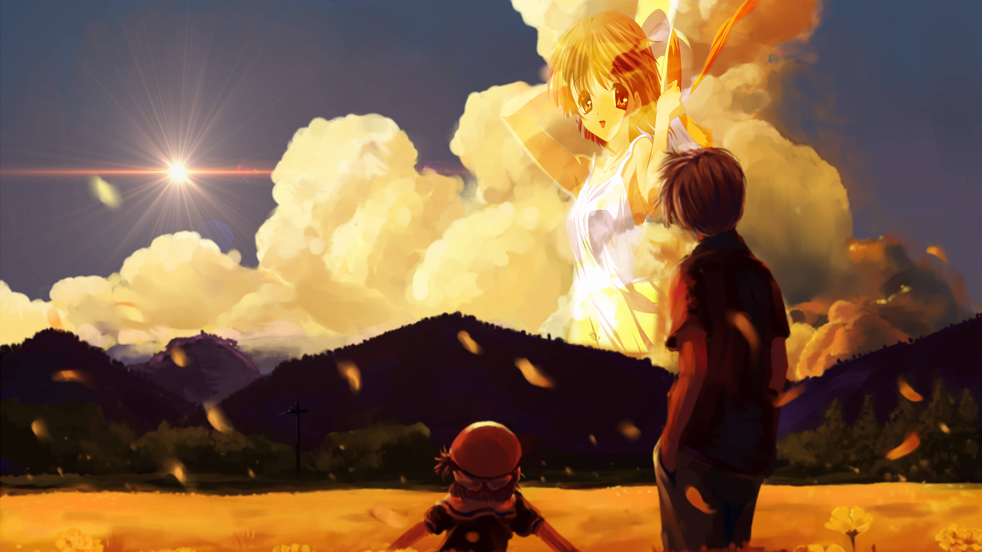 《Clannad》父女情深 壁紙 — 一個男孩和一個女孩站在金色的田野中，看著一個發光的動漫女孩從雲層中出現，陽光明媚。