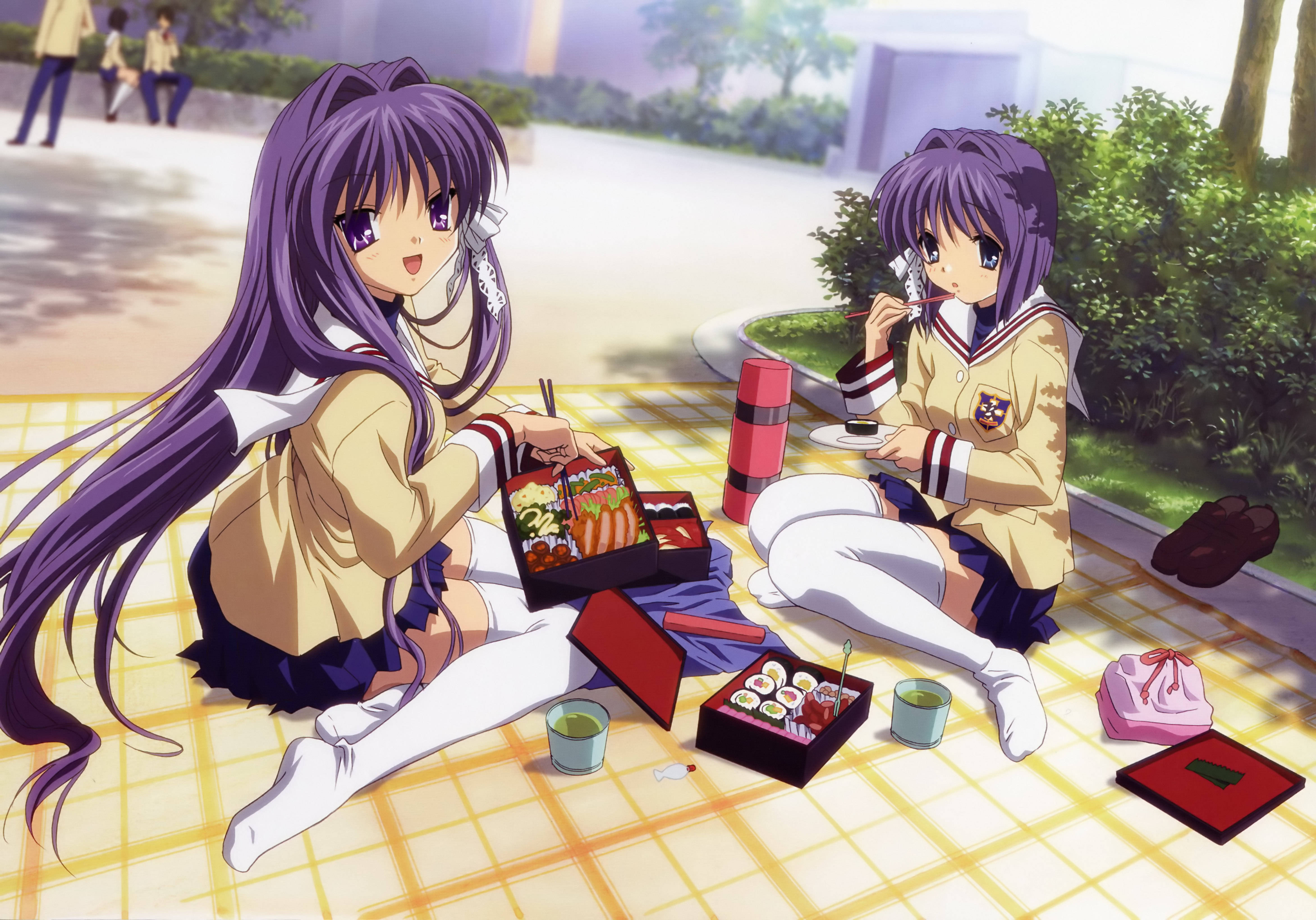 《Clannad》的Kyou與Ryou共進午餐 壁紙 — 兩個穿著校服的動漫女孩在陽光明媚的公園裡的格子毯上享受野餐午餐。