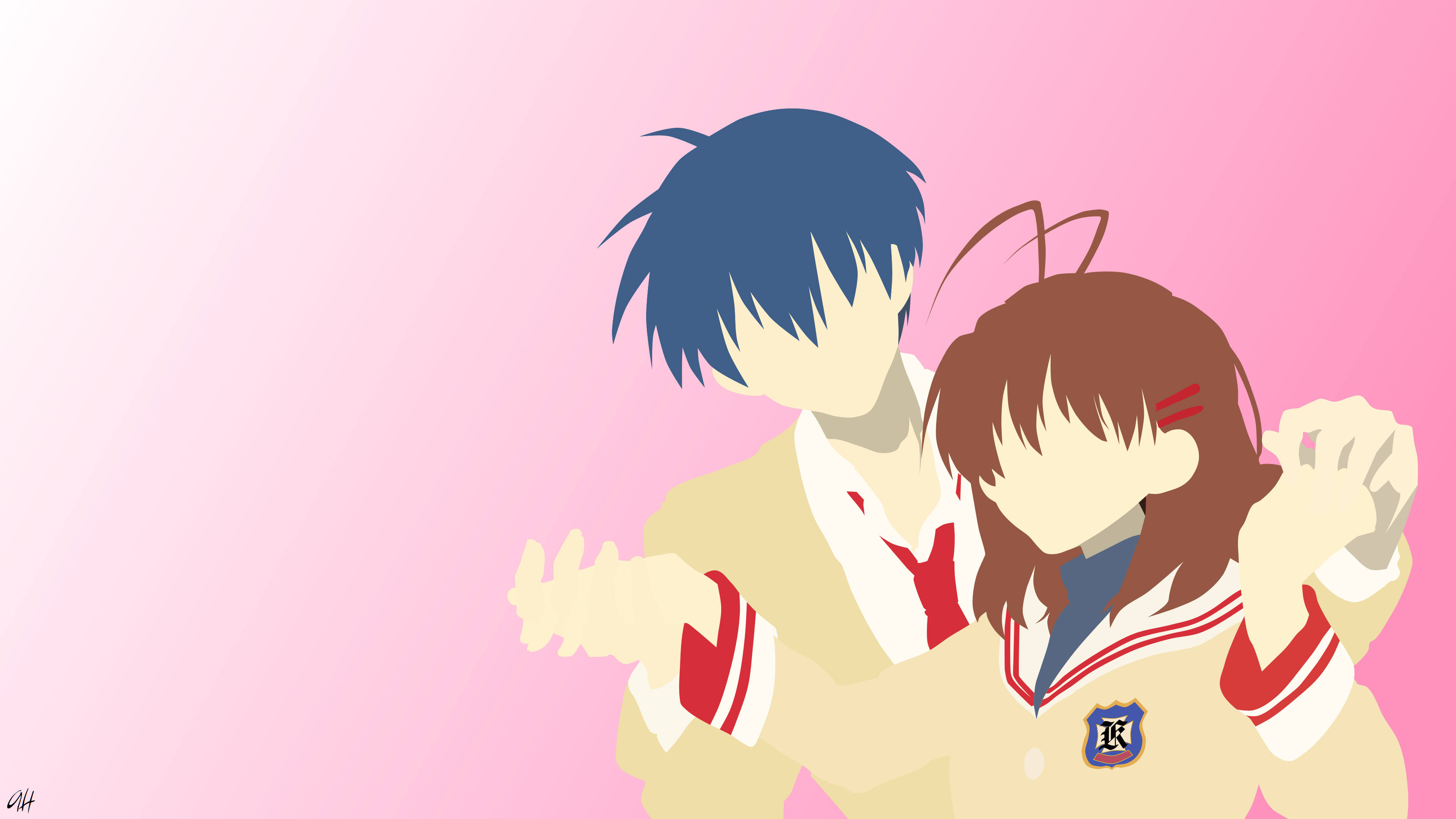 《Clannad》簡約情侶風 壁紙 — 兩名穿著校服的動漫學生在柔和的粉紅色漸變背景前溫暖地擁抱。