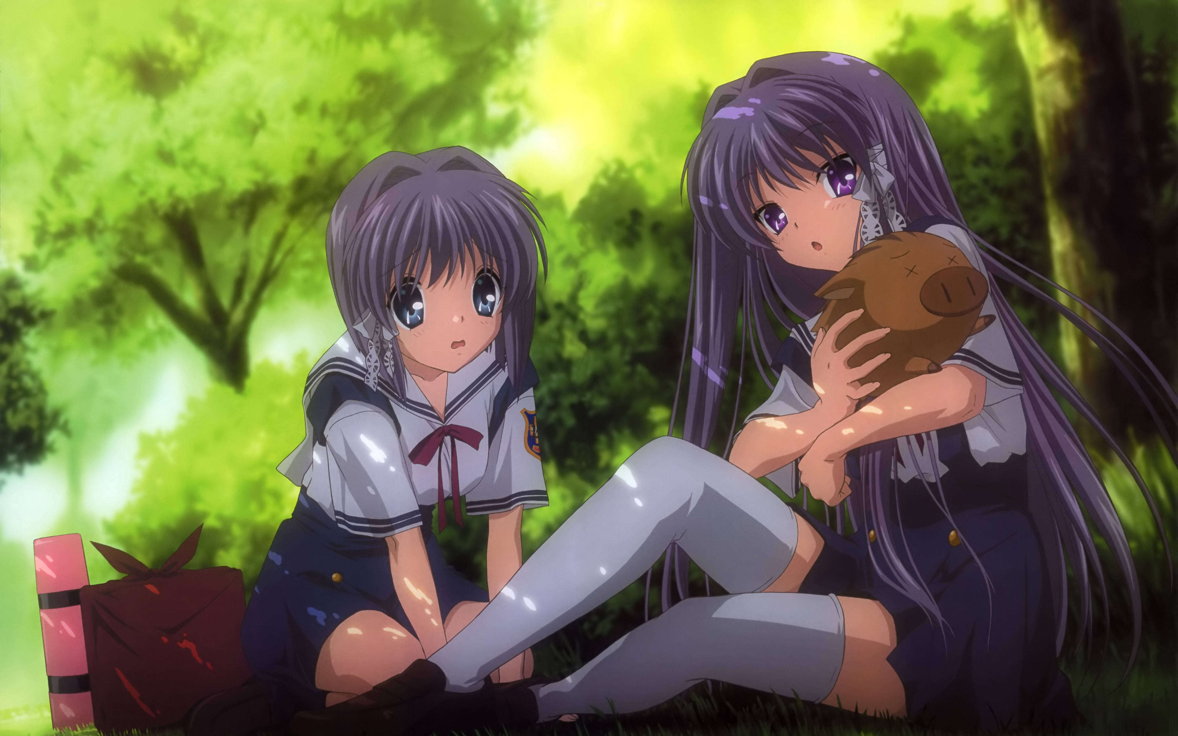 《Clannad》藤林姐妹與小豬 壁紙 — 兩個穿著校服的動畫女孩坐在陽光明媚的森林裡，一個抱著毛絨玩具，另一個睜大眼睛看著。