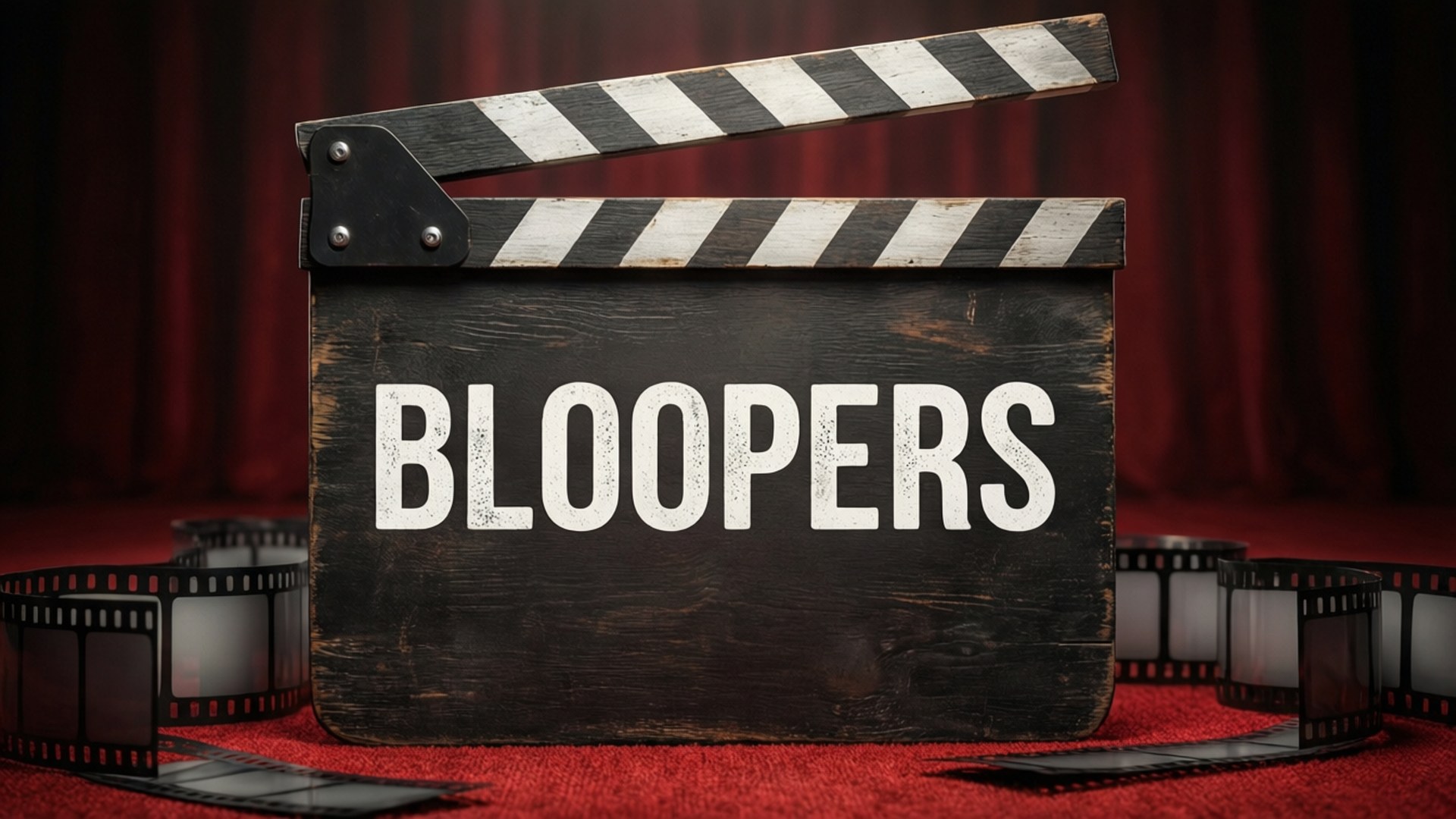 一塊標有「BLOOPERS」的拍板，被膠片捲軸環繞在紅地毯舞台上。