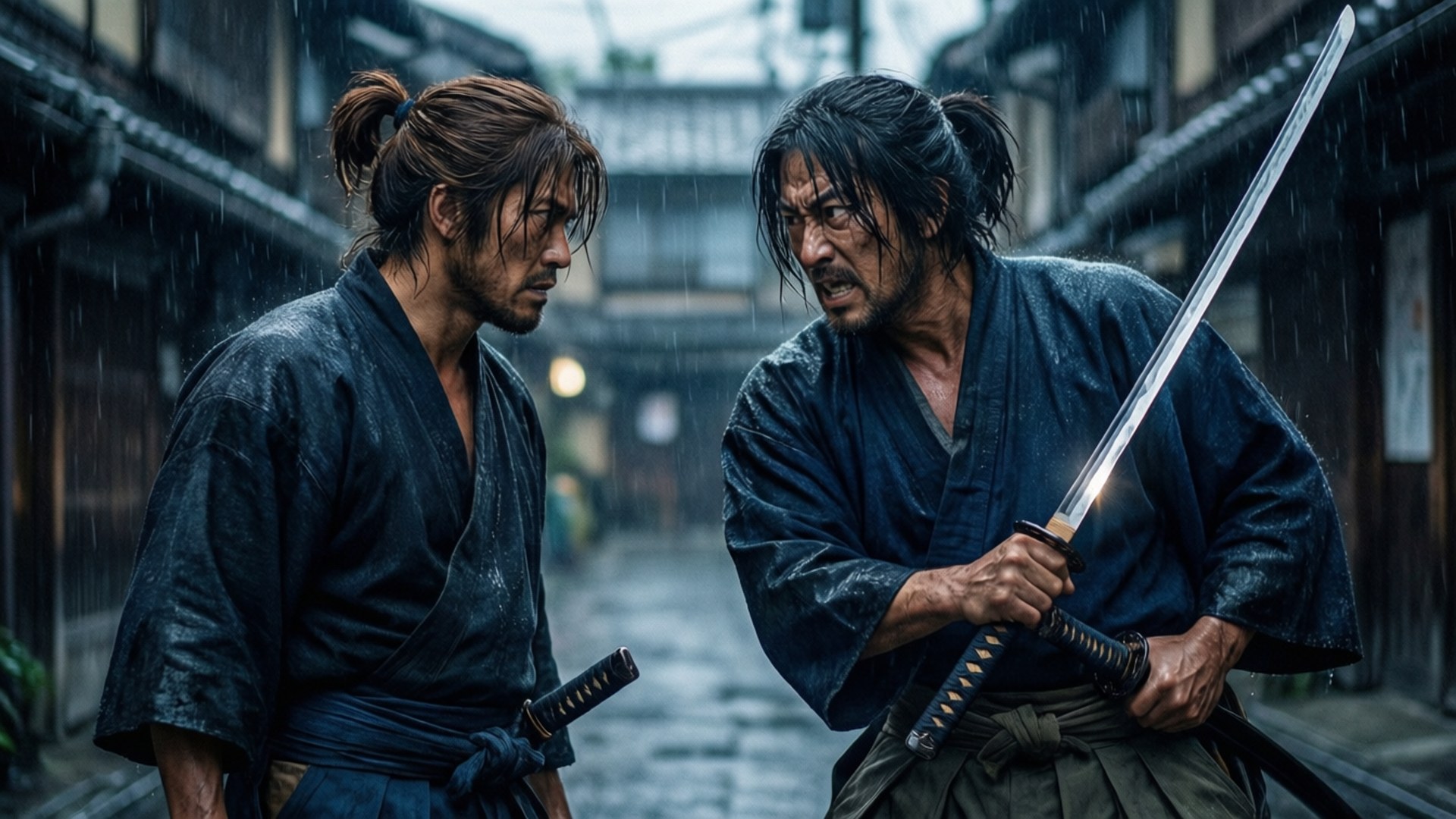 兩個武士在雨淋小巷，一個握刀，另一個挑釁凝視