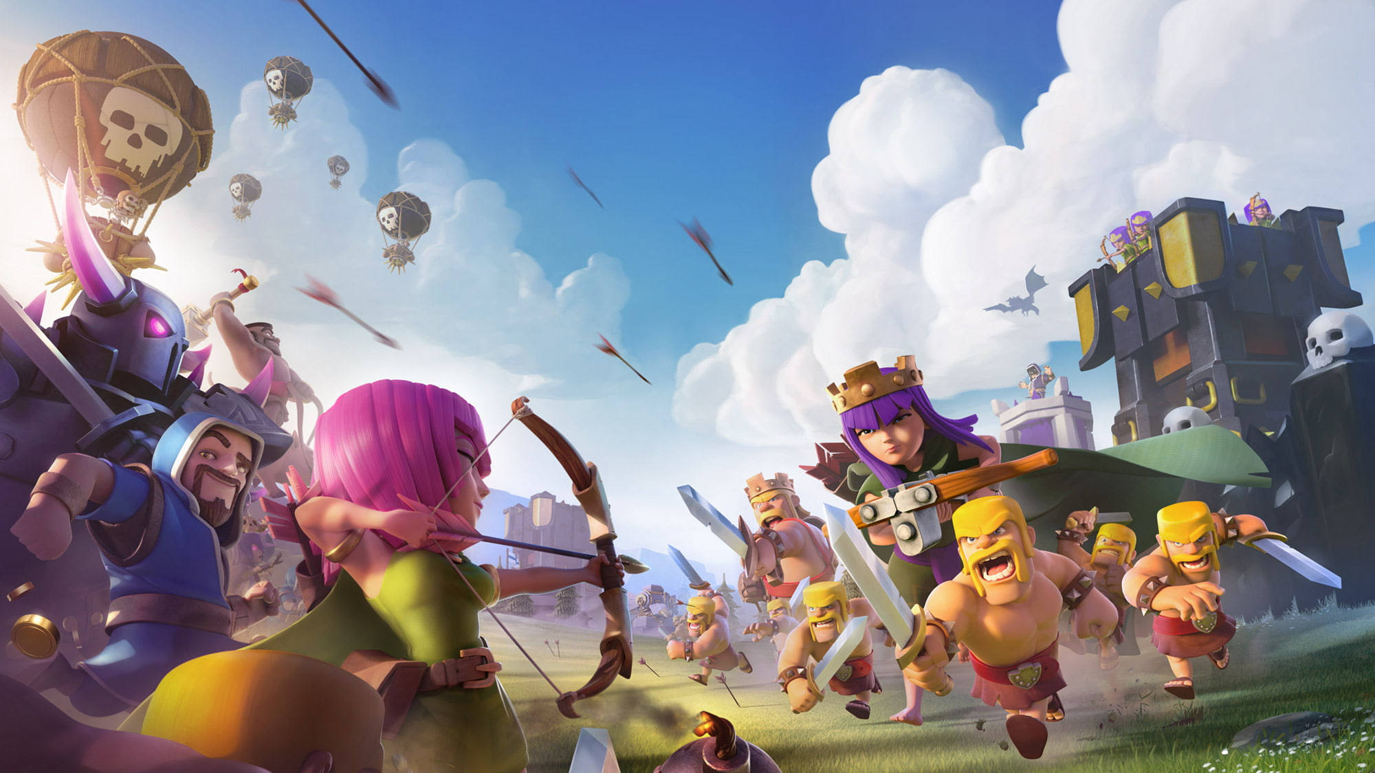 遊戲 桌布 壁紙 — Clash of Clans 戰士喺藍天白雲下衝過草地。