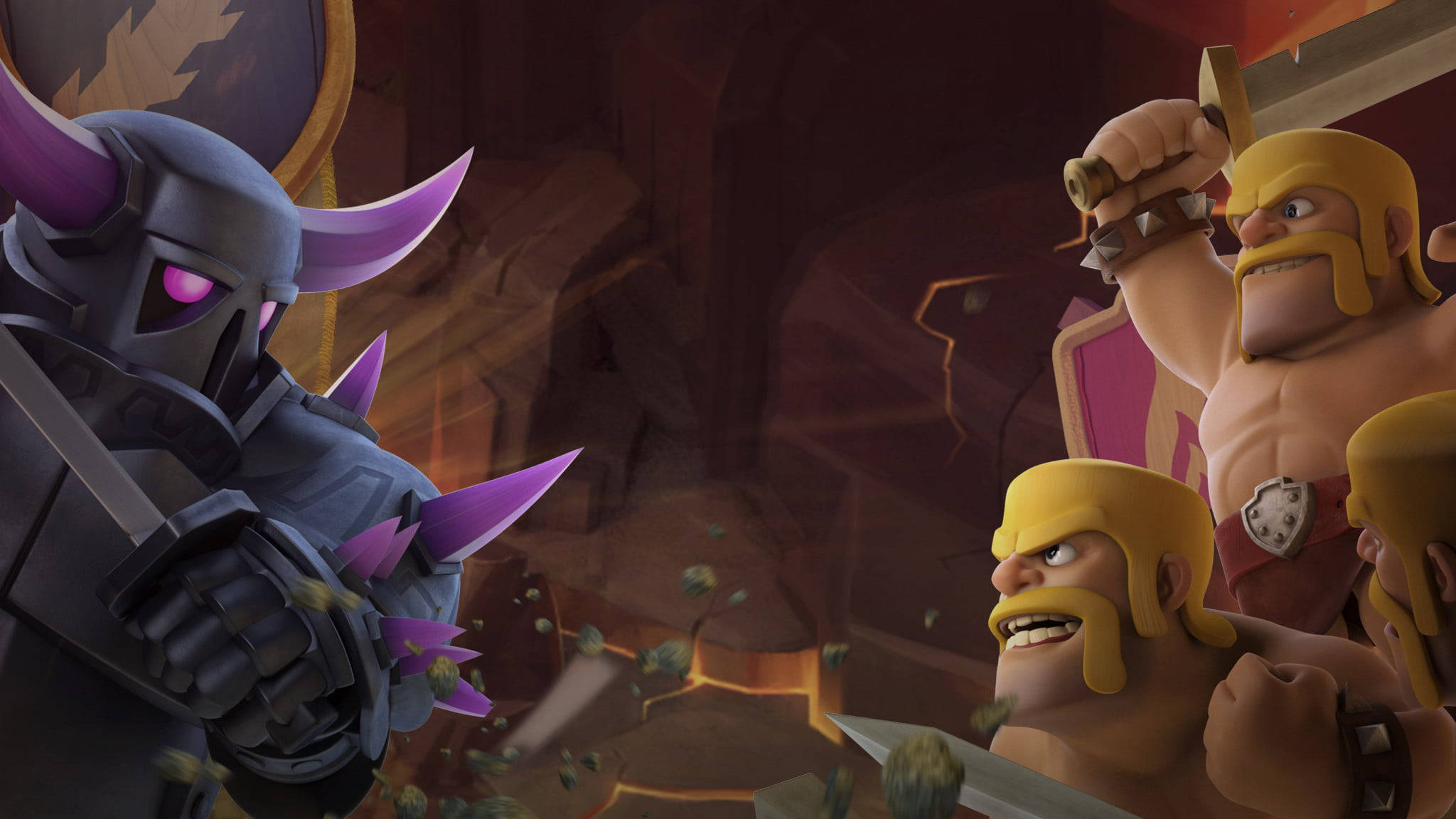 遊戲 桌布 壁紙 — Clash of clans 的野蠻人向火焰地牢中的黑暗裝甲騎士衝鋒。