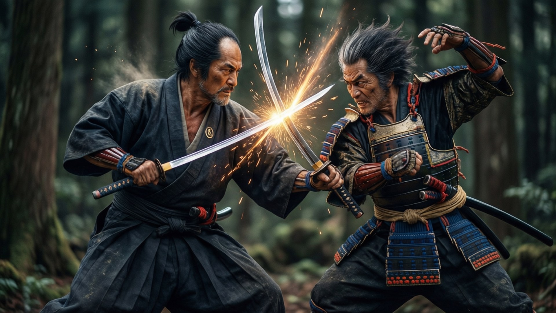 兩名武士在森林中交鋒，刀劍碰撞，火花四濺。