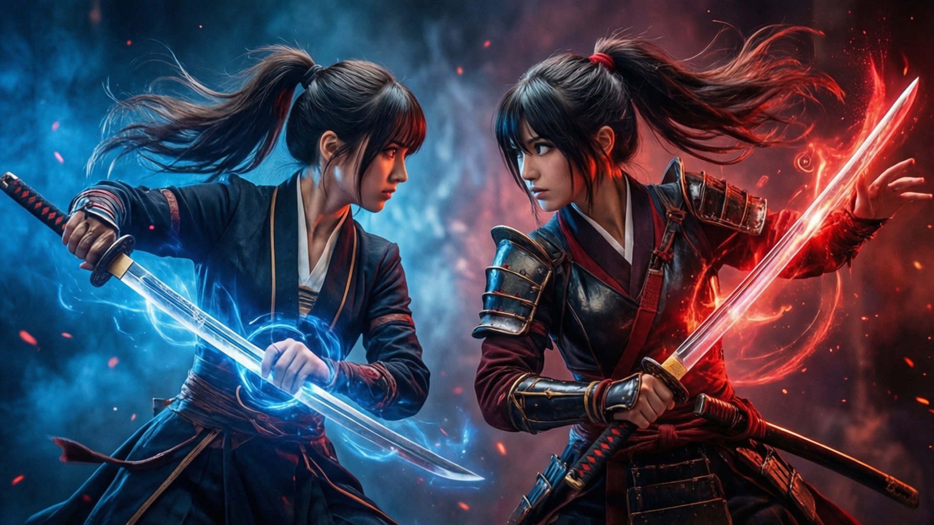 兩名女武士在戰鬥中，一人持藍色能量劍，另一人持紅色火焰劍