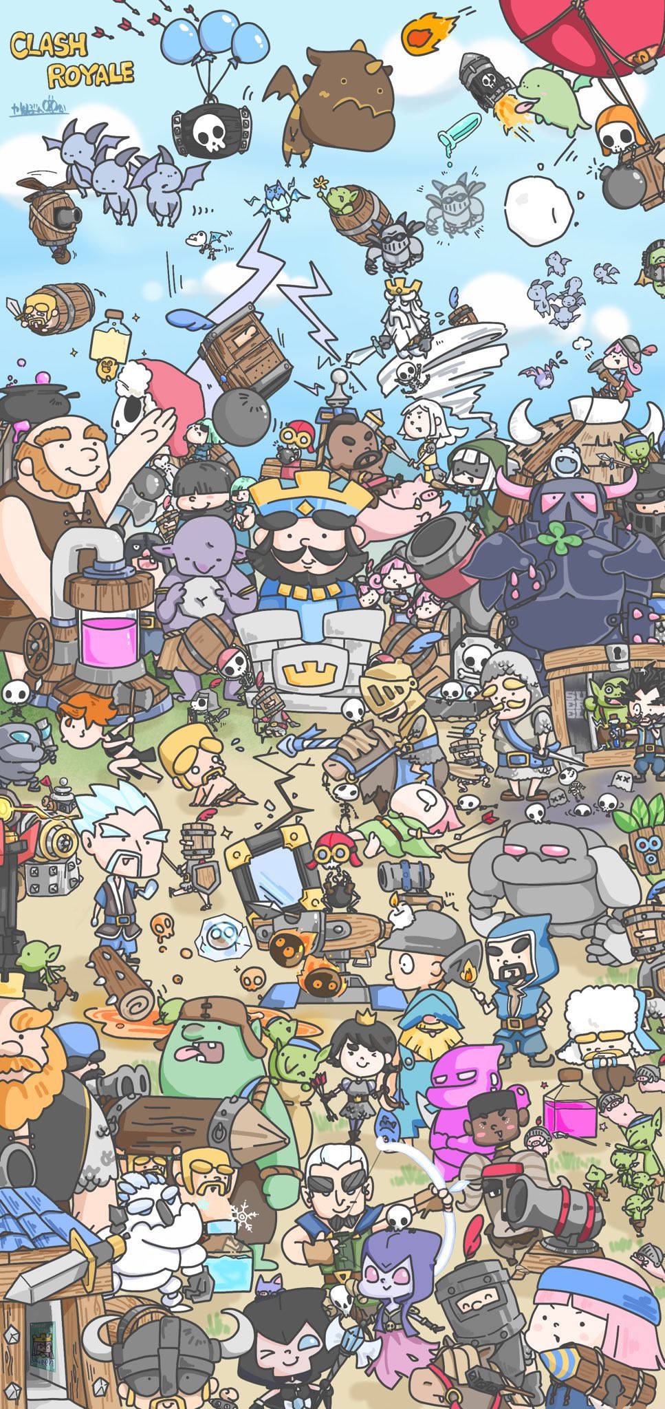 Clash Royale 漫畫風格角色插畫 壁紙 — 來自《部落衝突：皇室戰爭》的混亂卡通戰鬥場景，數十個色彩繽紛的角色和生物正在行動中。