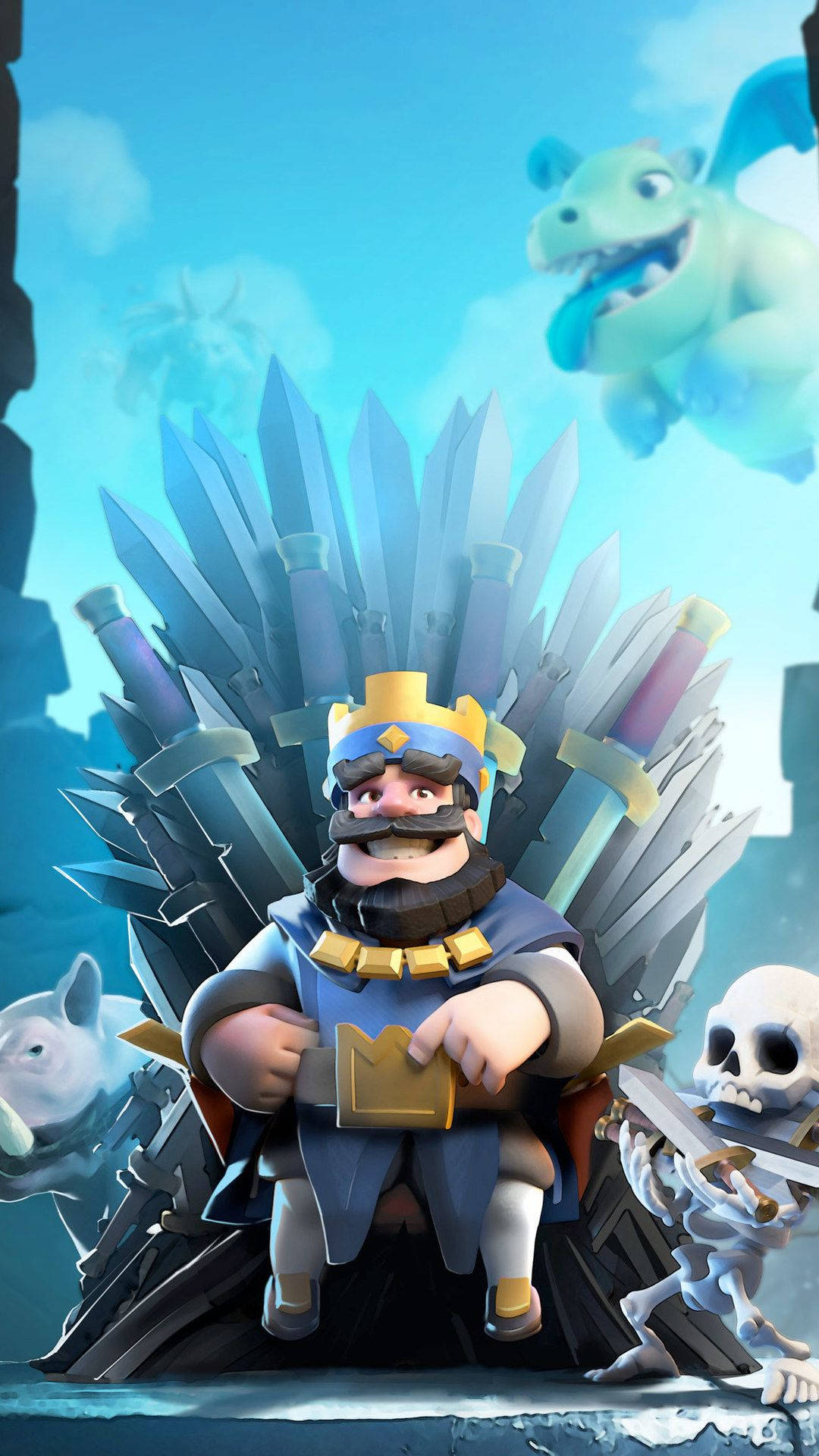 Clash Royale 王座 壁紙 — 一個卡通風格的國王，戴著王冠和鬍子，坐在由劍製成的王座上，周圍環繞著奇幻生物，背景是明亮的藍天。