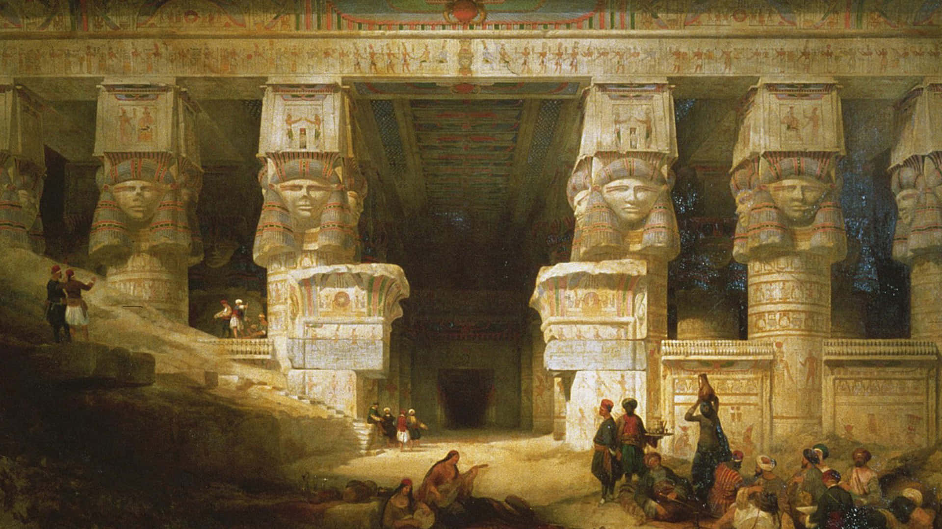古埃及神廟，有巨大的法老頭柱和探索中的遊客。