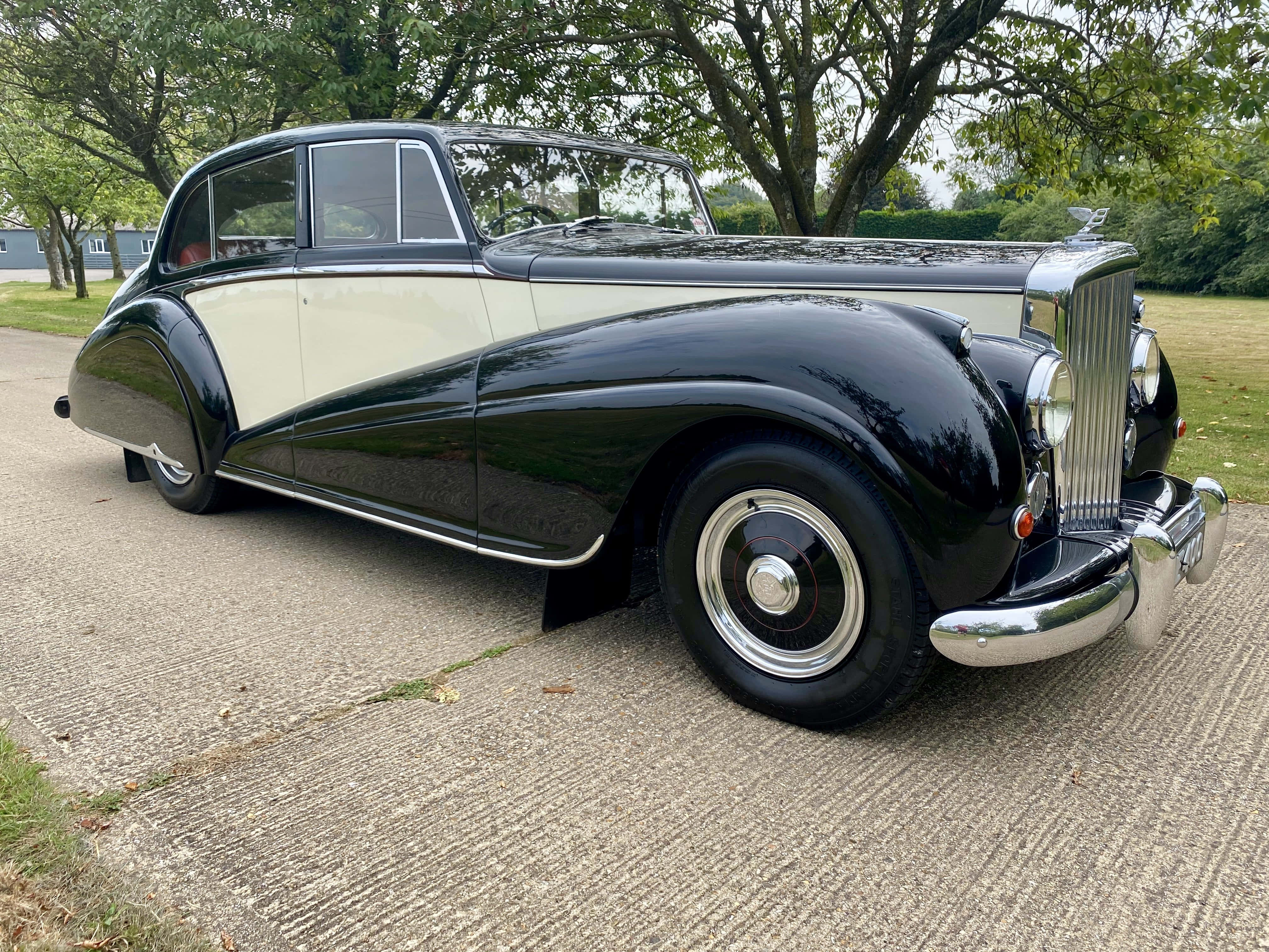 Bentley Mark Vi 桌布 壁紙 — 經典黑色和奶油色賓利轎車在日光下閃閃發光，停在有紋理的車道上，旁邊是枝葉茂盛的樹木。