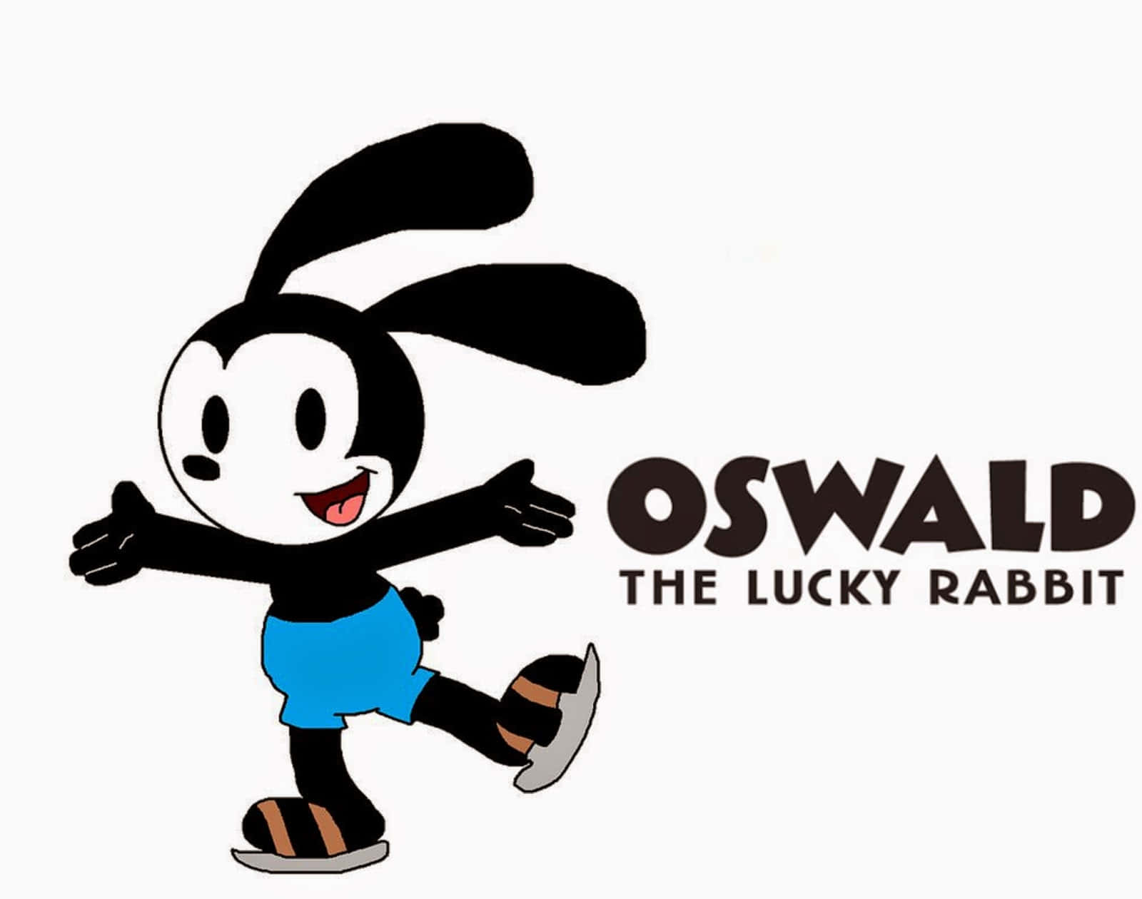 壁紙 — 經典黑白卡通兔Oswald the Lucky Rabbit穿著藍色短褲，在純白色背景上快樂地溜冰。