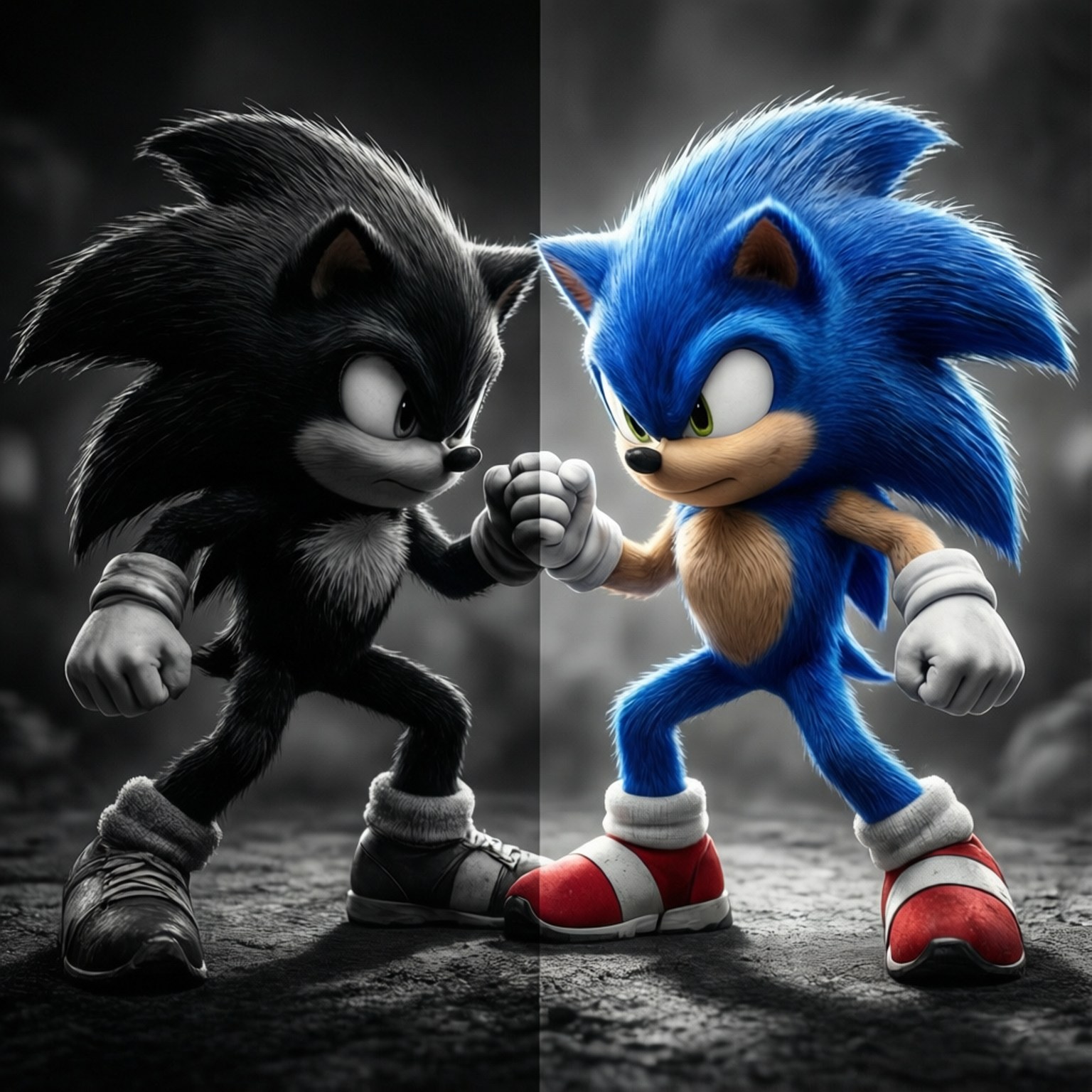 Sonic與Shadow的二元對立 壁紙 — 經典藍色索尼克與他的黑色對手在戲劇性的分屏對決中對峙。