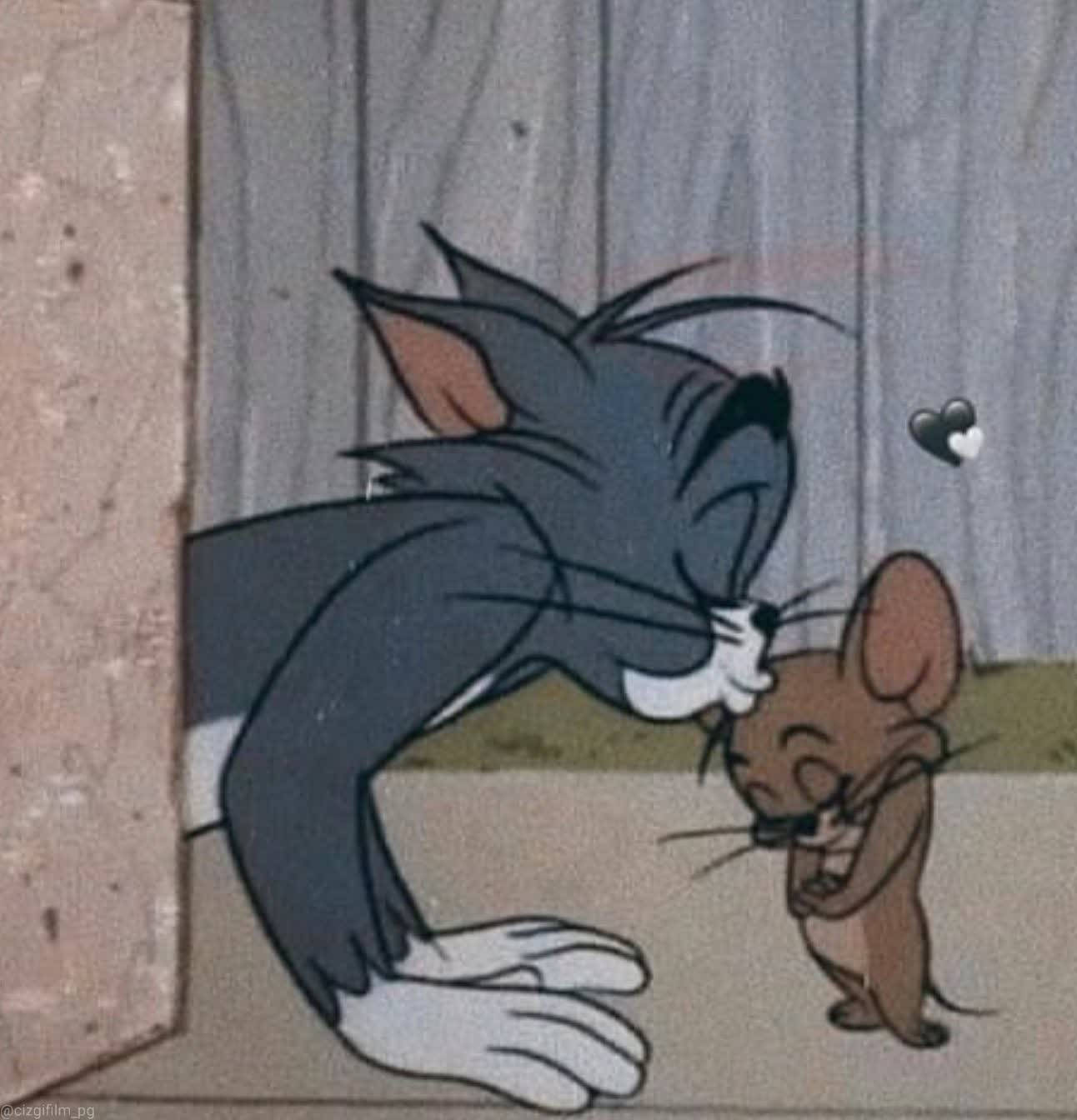 貓 Tom 親吻老鼠 Jerry，Jerry 臉紅，頭頂上有一顆心。
