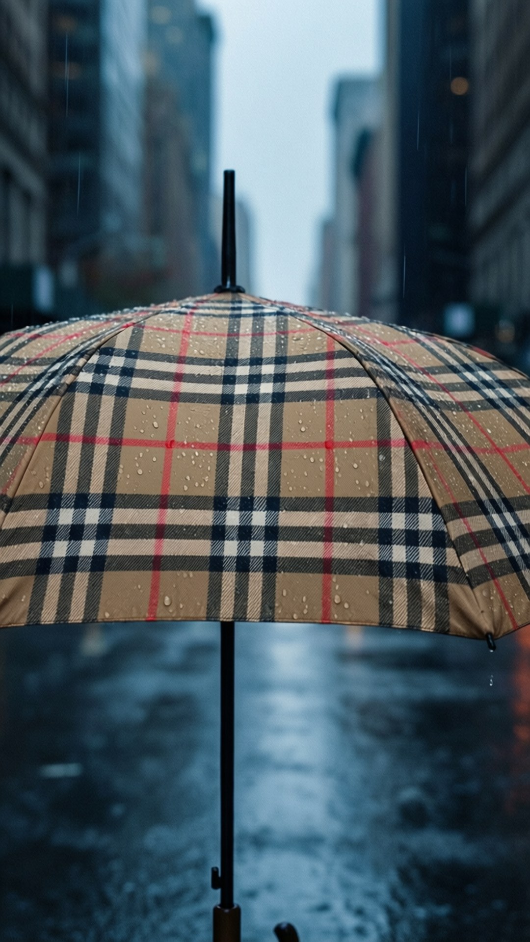 Burberry 桌布 壁紙 — 一把經典的格子雨傘點綴著雨滴，在潮濕的城市街道上抵禦傾盆大雨。