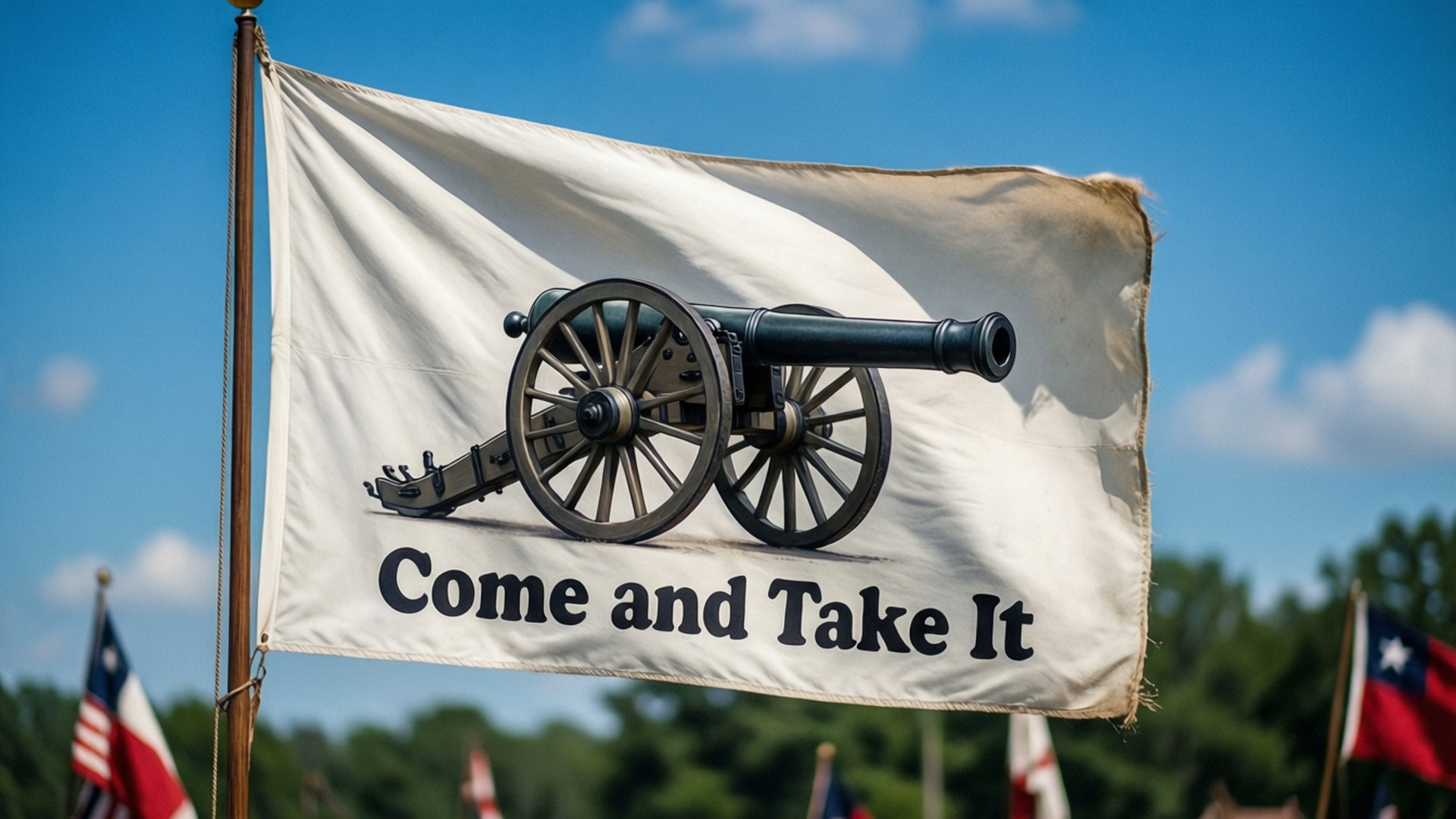 一面歷史旗幟，上面有大炮和文字「Come and Take It」，在風中飄揚。