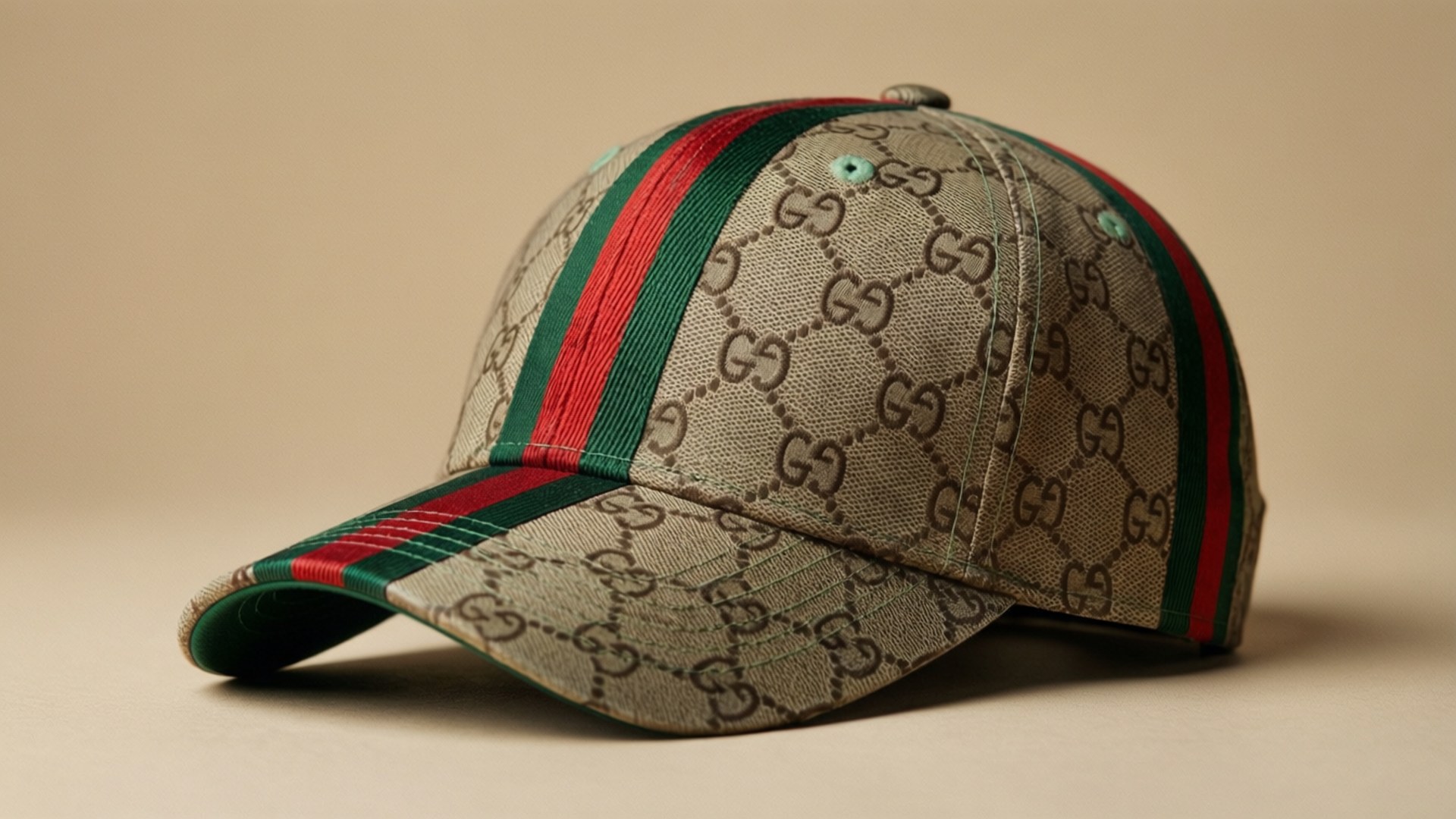 米色Gucci帽，帶GG字母組合和紅綠條紋，米色背景