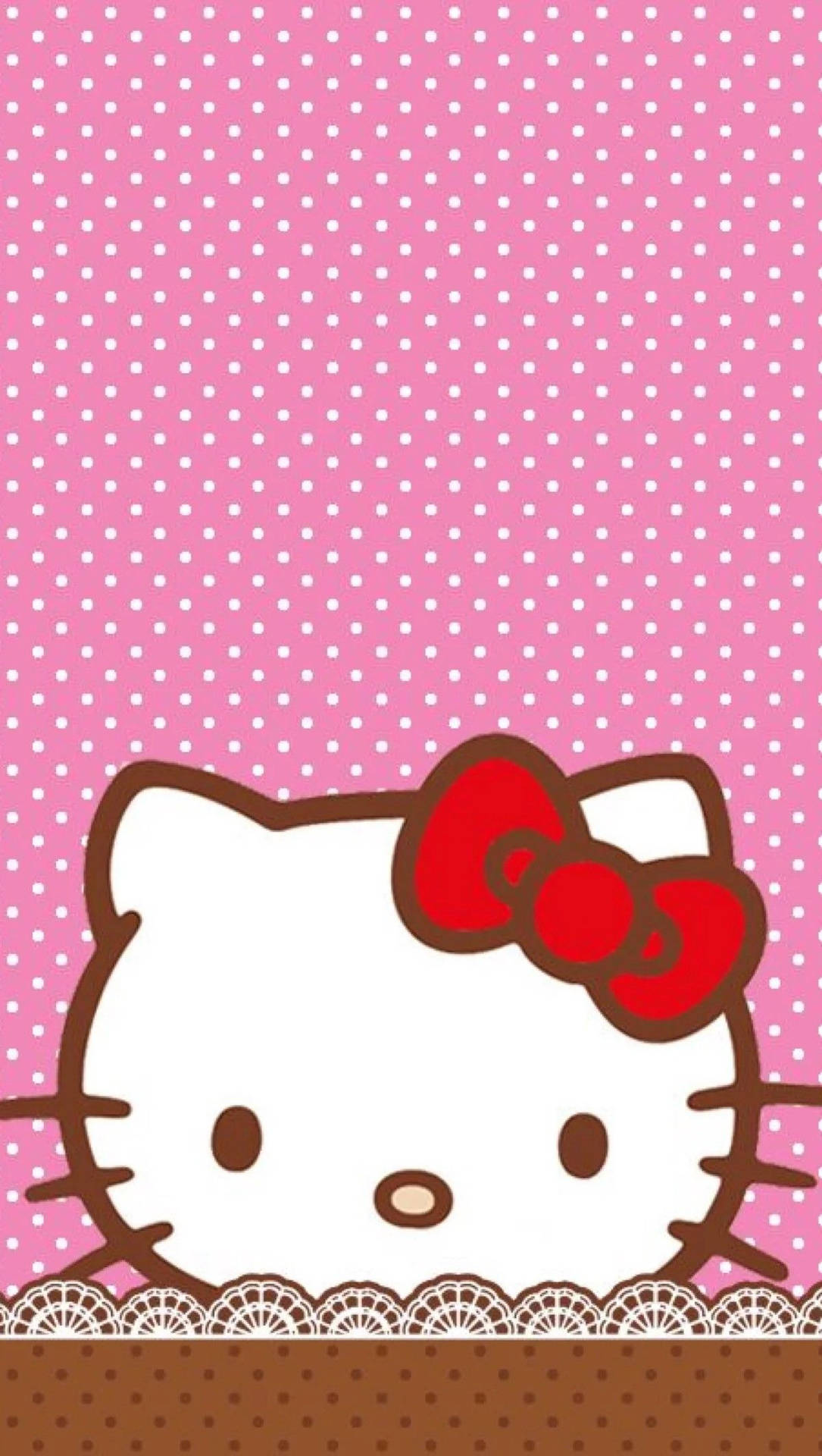 Hello Kitty身穿粉紅與白色波點背景的壁紙。