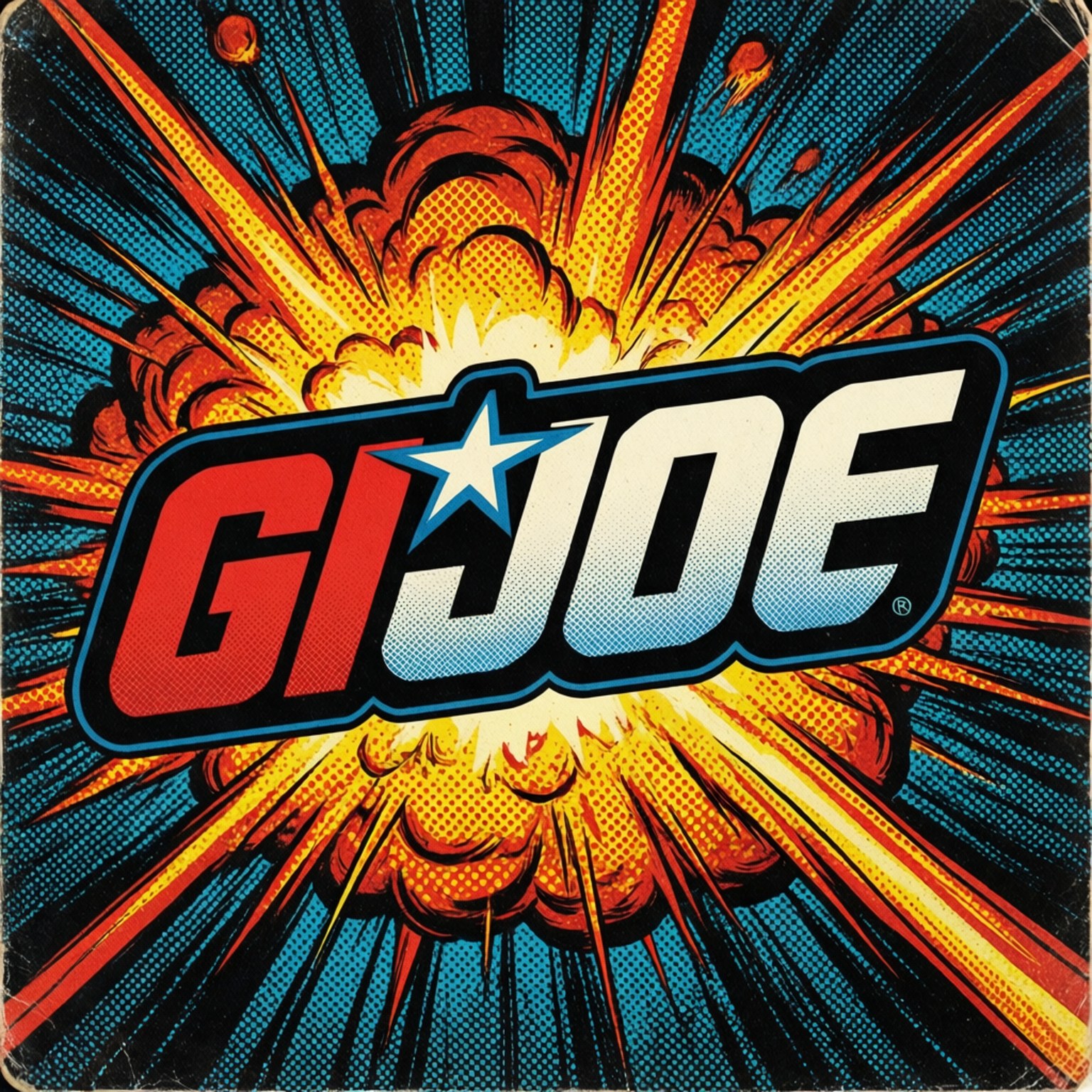 GI JOE 標誌居中於漫畫風格的爆炸中，顏色為紅、藍、黃