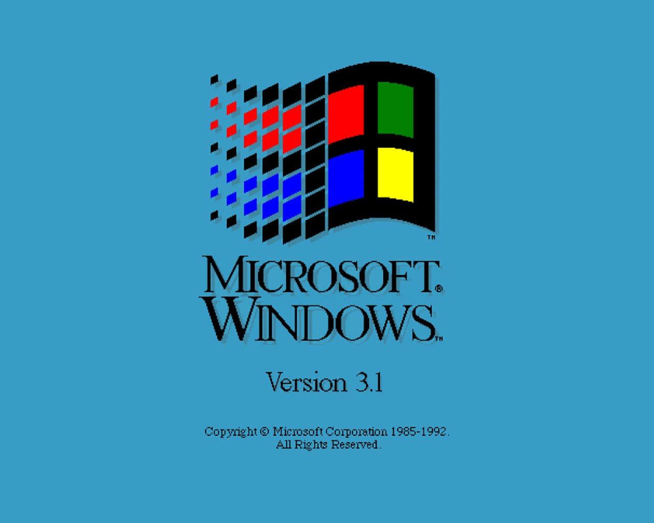 Microsoft Windows 3.1 標誌，藍色背景，附有版權文字。