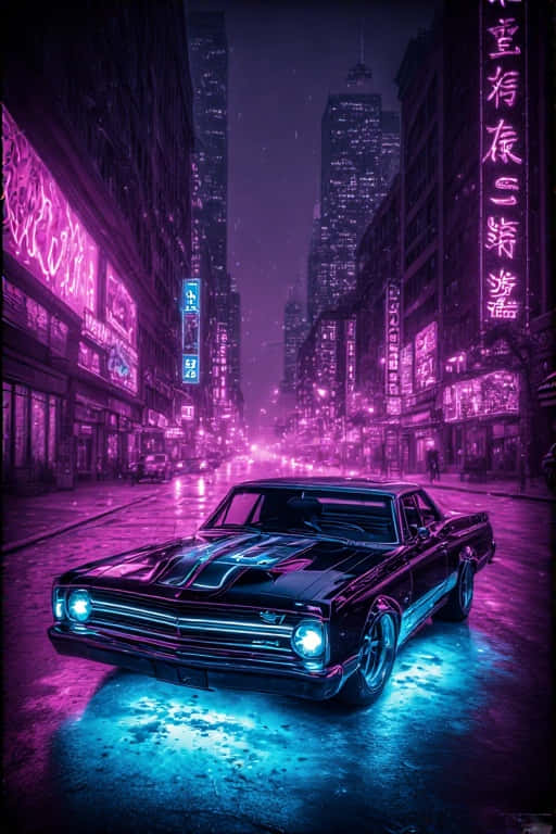 黑色經典肌肉車帶有發光的車頭燈，在雨夜的霓虹燈城市街道上。