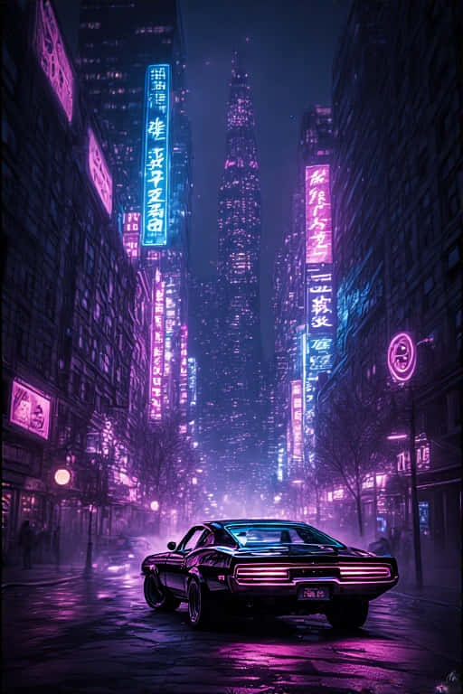 黑色肌肉車停在未來城市夜晚潮濕的霓虹街道上