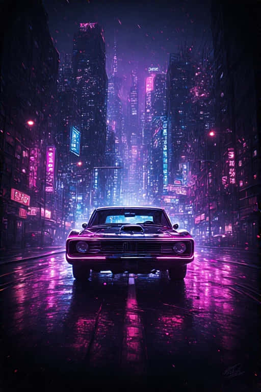 未來城市夜晚潮濕霓虹街上的經典肌肉車