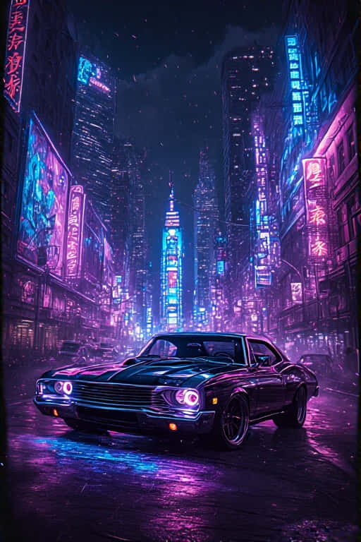 未來城市夜晚，濕漉漉的霓虹燈街道上的黑色肌肉車