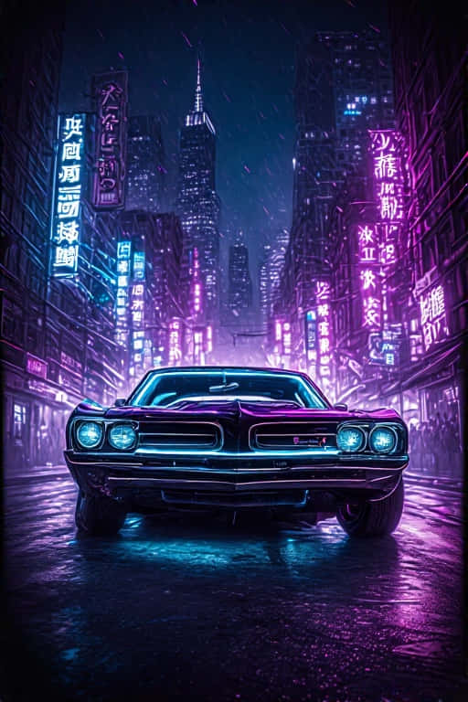 經典肌肉車在濕滑的霓虹燈城市街道上夜晚