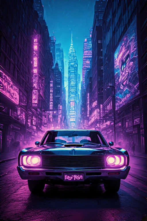 一輛復古車在夜晚霓虹燈浸染的未來城市街道上，帶有發光的頭燈。