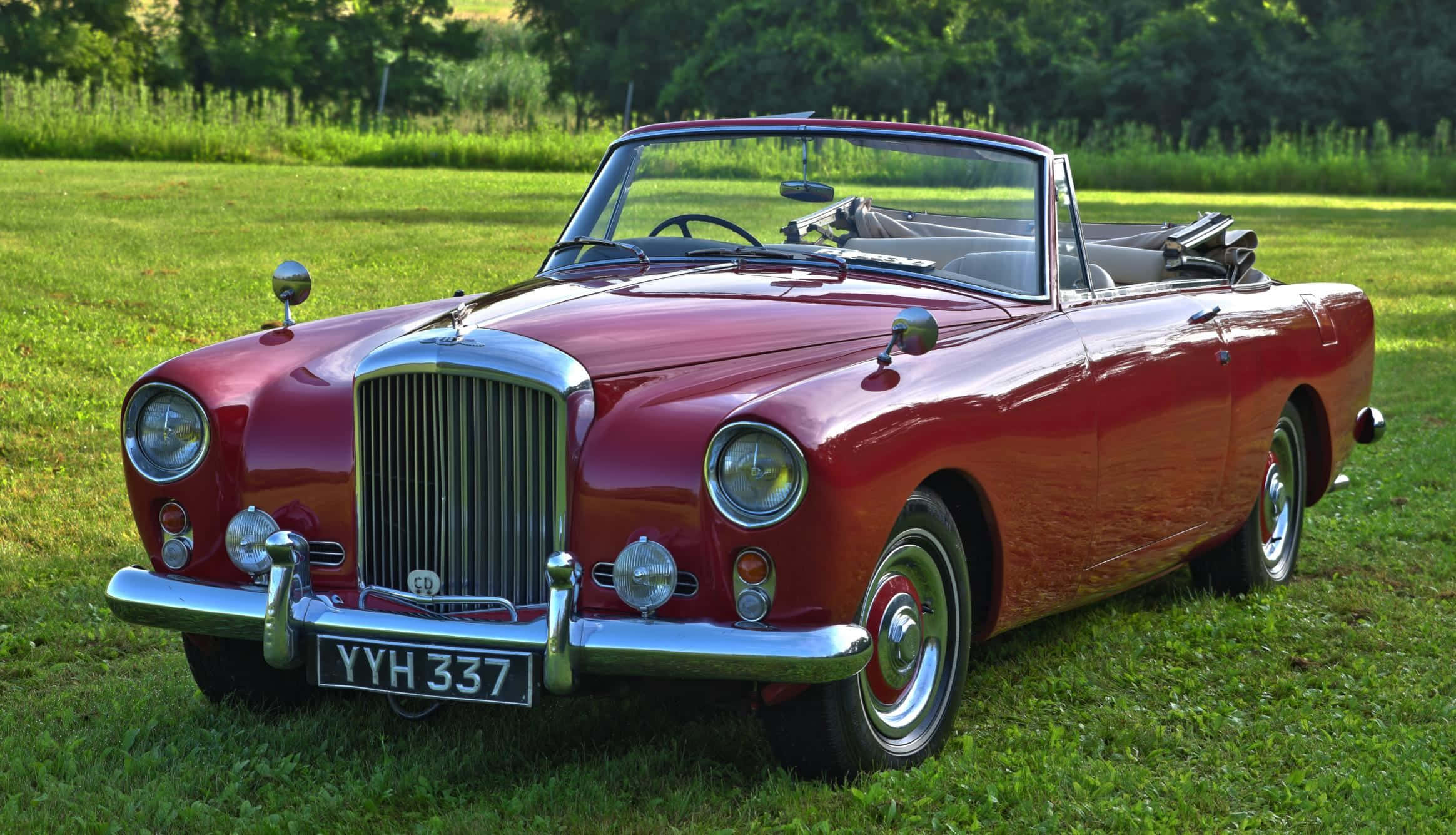 Bentley S2 桌布 壁紙 — 一輛經典紅色開篷跑車在明亮陽光下閃閃發光，停泊在綠草如茵、樹木成蔭的草坪上。
