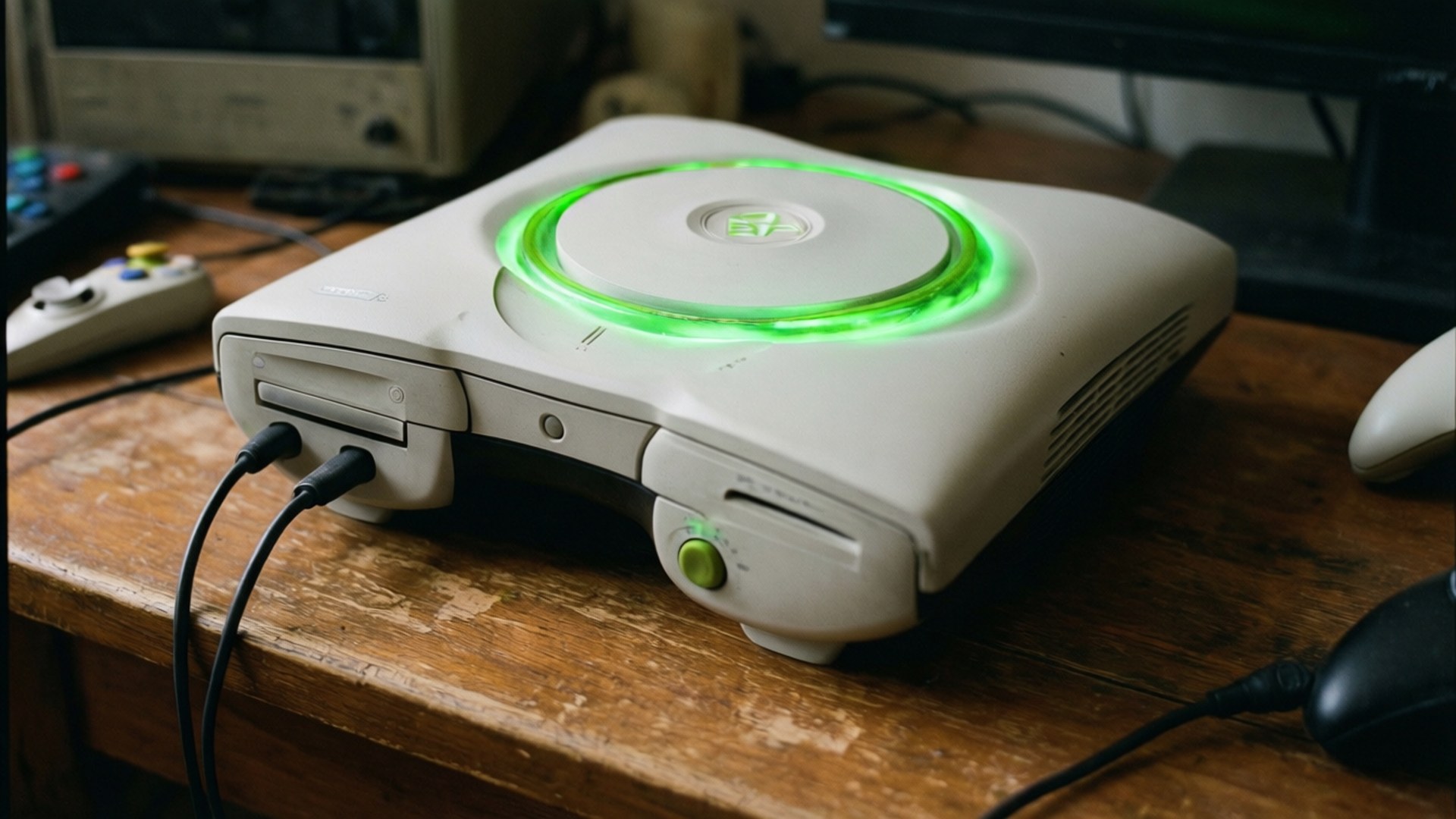 白色Xbox主機帶綠色燈光在木桌上，有電線和控制器