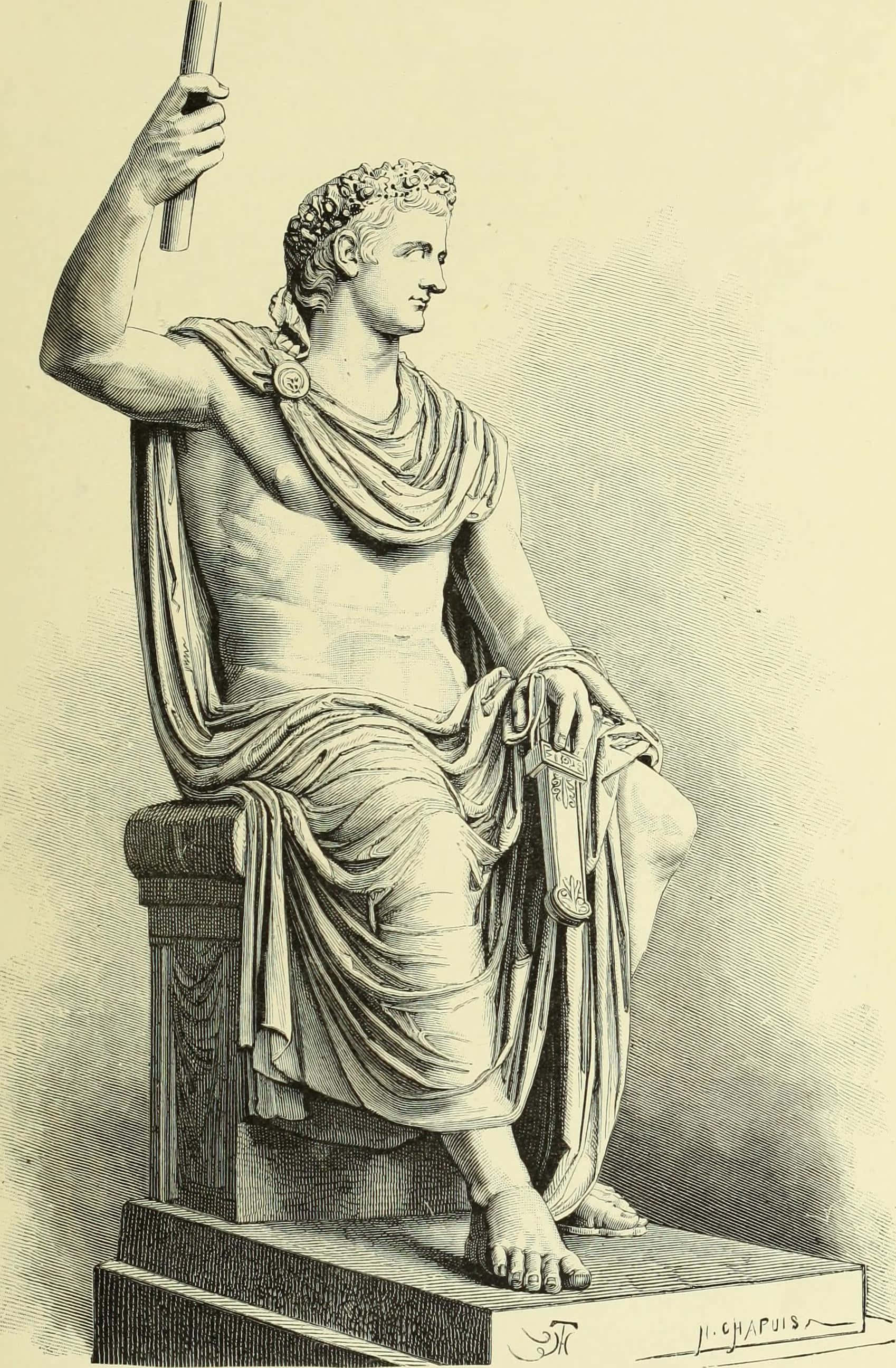 Roman 桌布 壁紙 — 一座古典雕像，描繪一位坐著的羅馬皇帝，手持權杖，身披飄逸長袍。