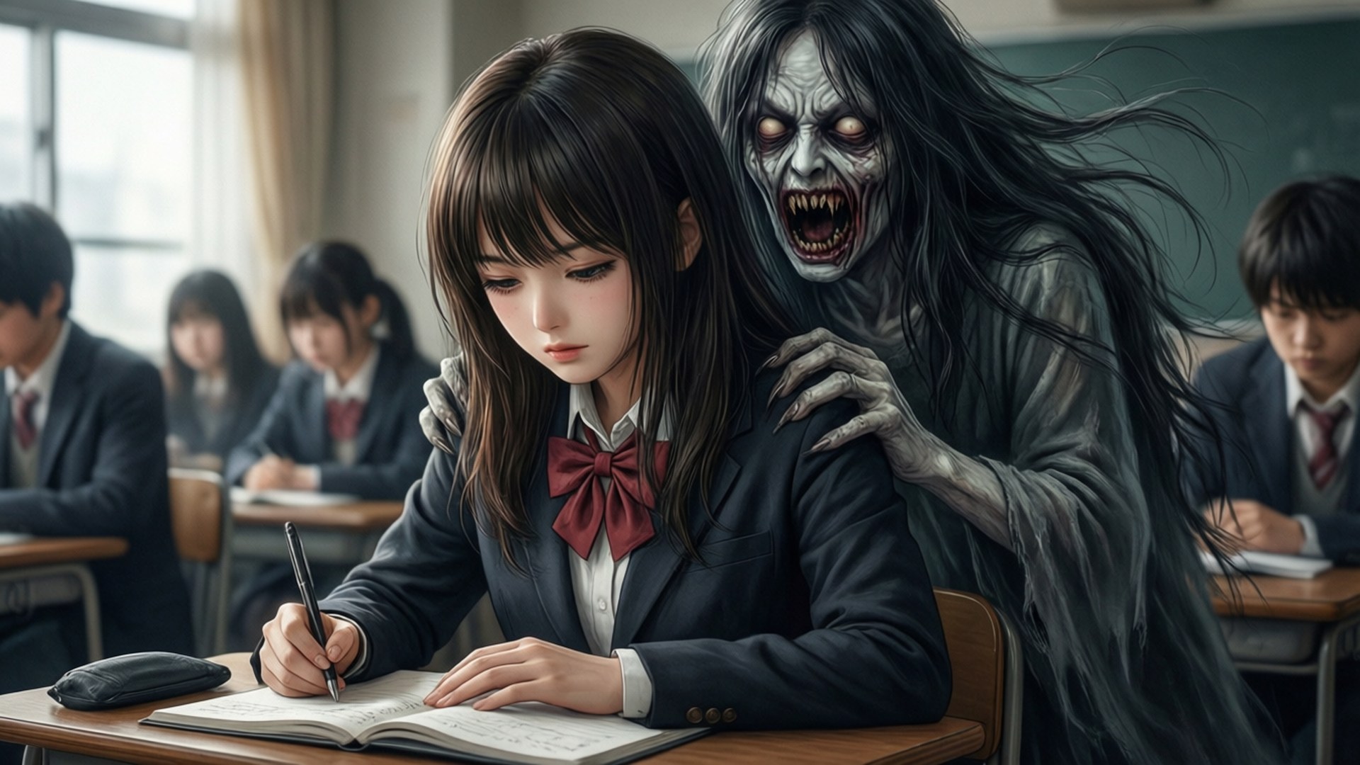 一個長髮露齒的鬼魂抓住一個女學生的肩膀，而她在課堂上寫字。