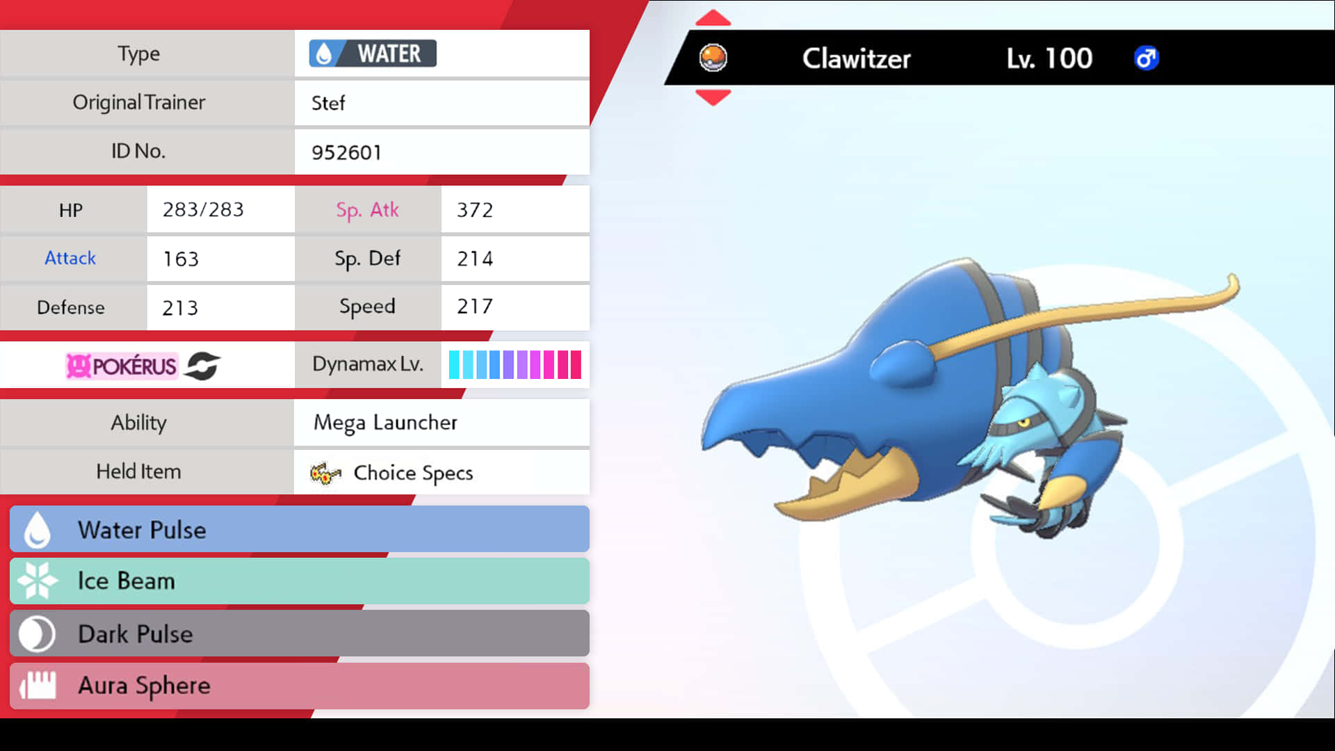 Clawitzer 遊戲內數據與藝術圖 壁紙 — 一隻藍色的鋼砲臂蝦（Clawitzer）寶可夢，等級100，擁有超級發射器特性及講究眼鏡道具，顯示在類似寶可夢圖鑑的介面中。