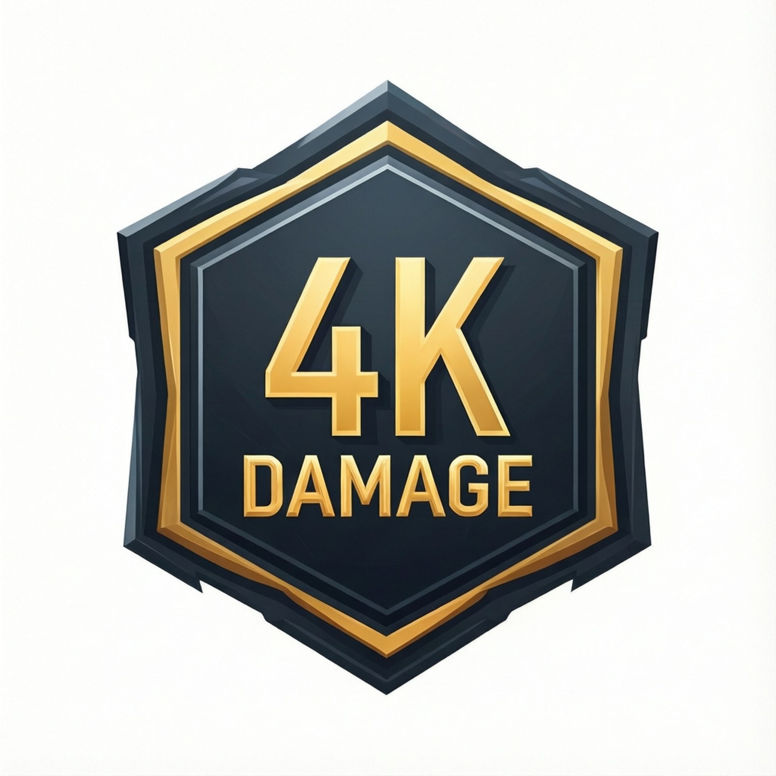 六邊形徽章，帶有金色邊框和金屬金色的 4K DAMAGE 文字，背景為深藍色