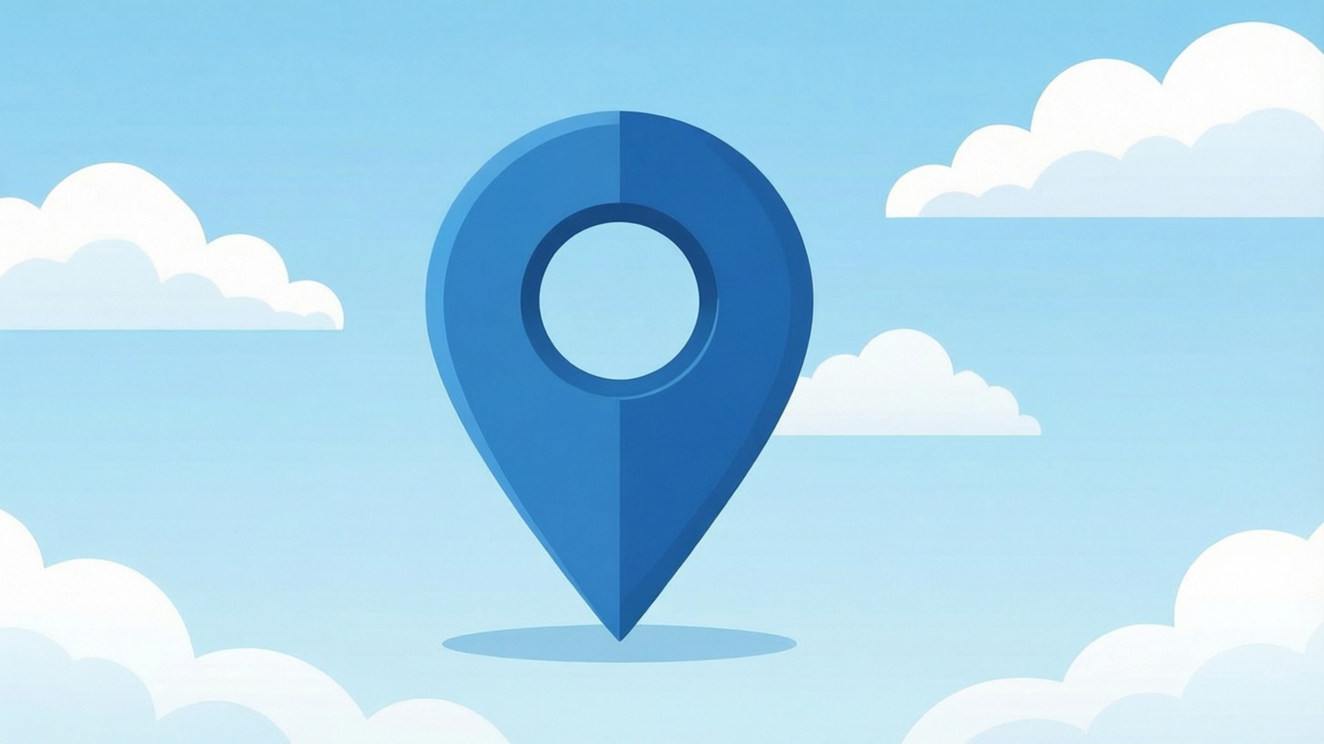 Clean Blue Sky Pin 壁紙 — 一個大膽的藍色位置圖釘圖標漂浮在柔和的天空上，伴有蓬鬆的白雲。