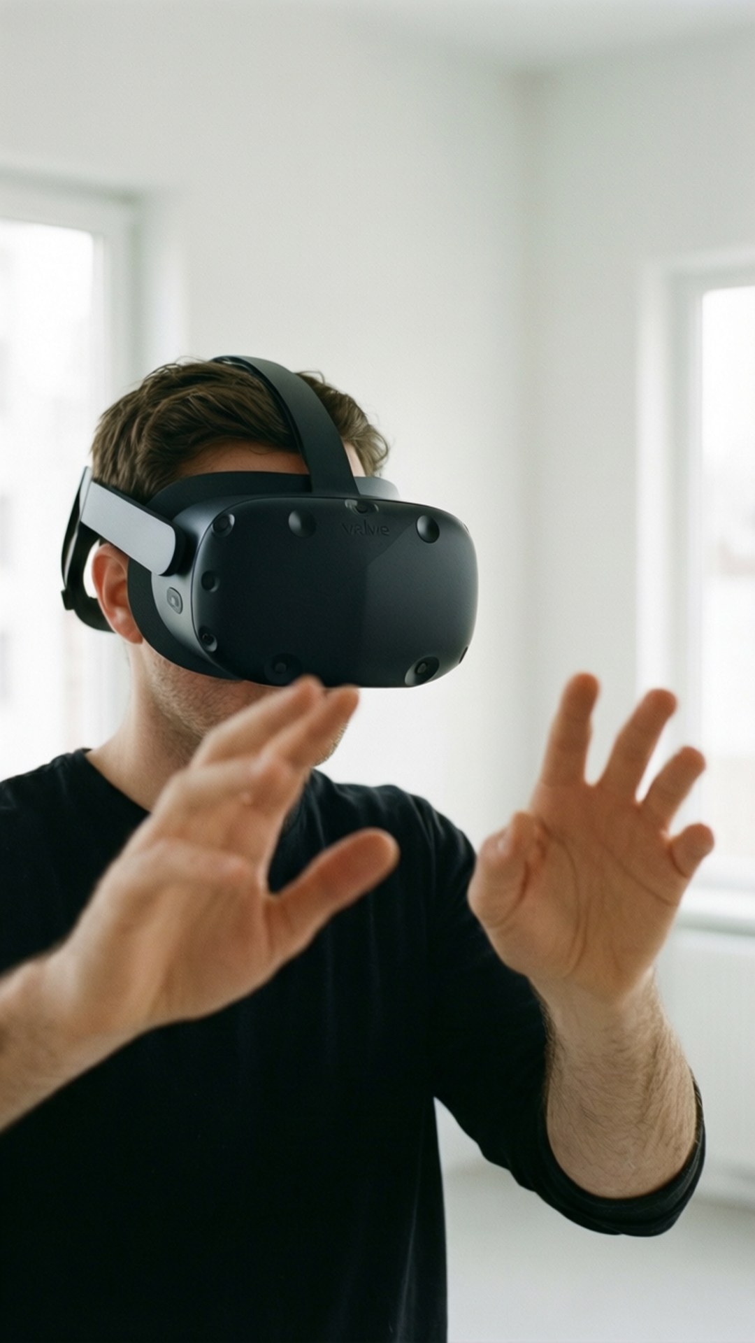 男子戴著VR頭戴式裝置在明亮房間中伸出雙手