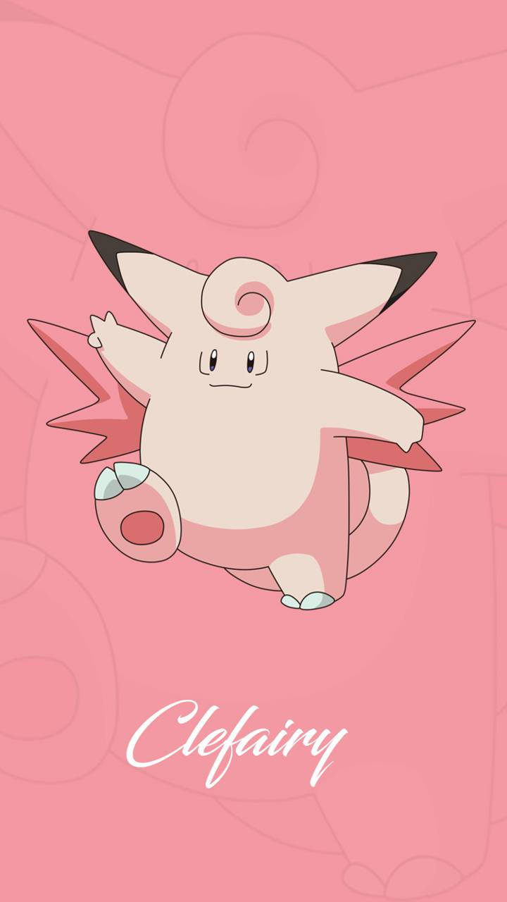 Clefairy最終進化形態Clefable 壁紙 — 一隻可愛的粉紅色皮皮在帶有漩渦圖案的柔和粉紅色背景上愉快地漂浮。