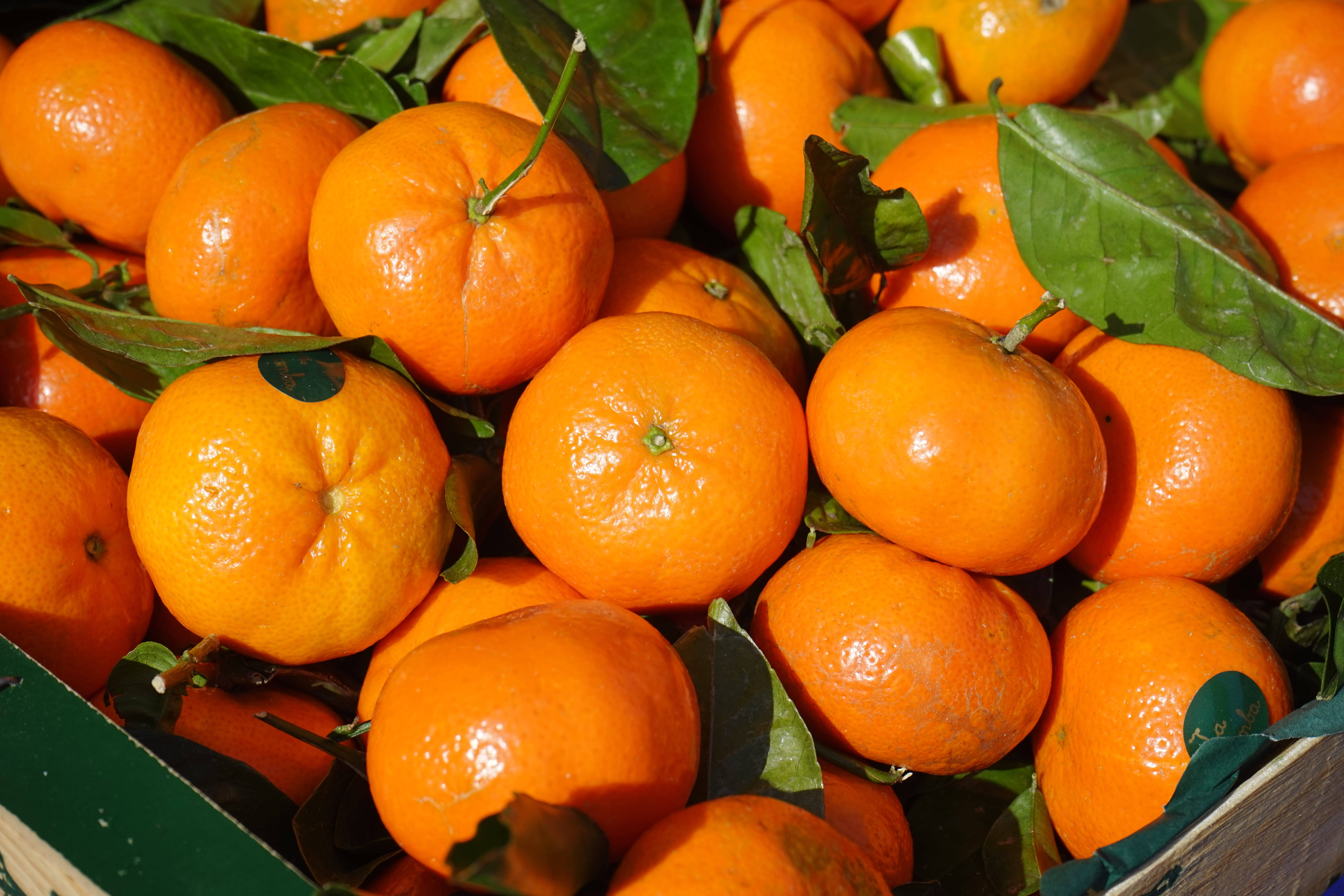 堆疊 Clementine 水果平鋪拍攝 壁紙 — 一個充滿活力的特寫，新鮮的柑橘與綠葉放在木箱中，在明亮的陽光下。