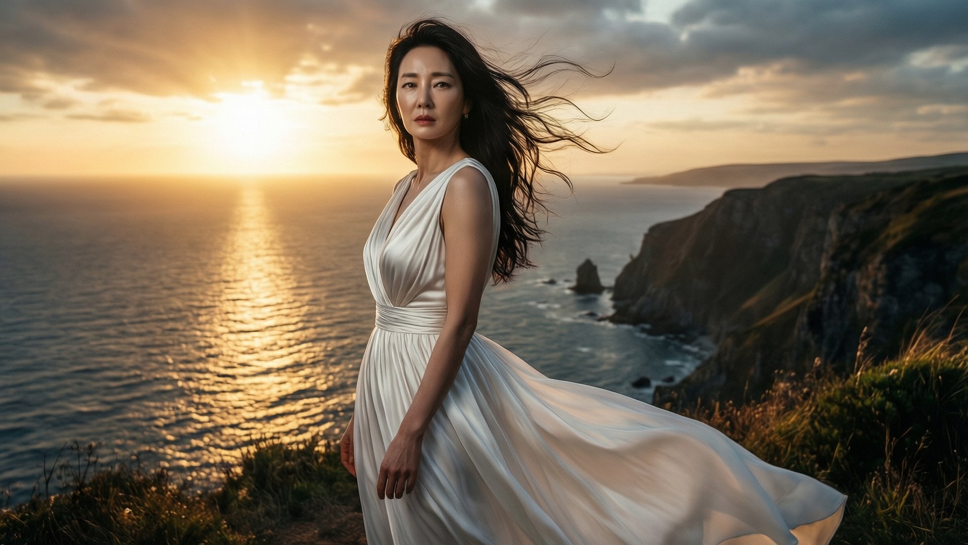 身穿白色連衣裙的女子在日落時分站在懸崖上，海洋和風吹動她的頭髮