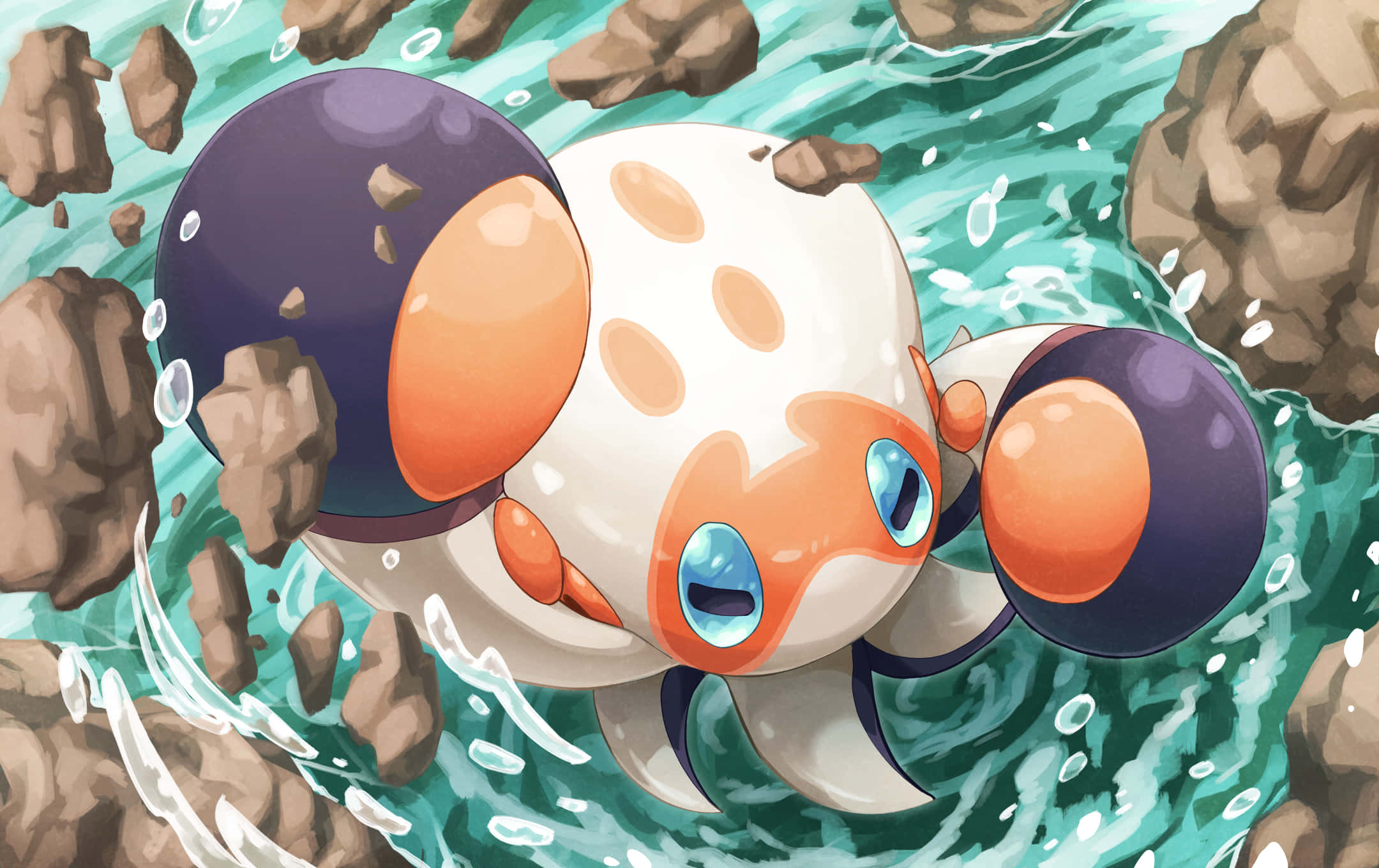 Clobbopus 水中投石 壁紙 — 一條可愛的動漫風格魚，帶有橙色斑點和藍色眼睛，在岩石環繞的藍綠色水中充滿活力地游動。