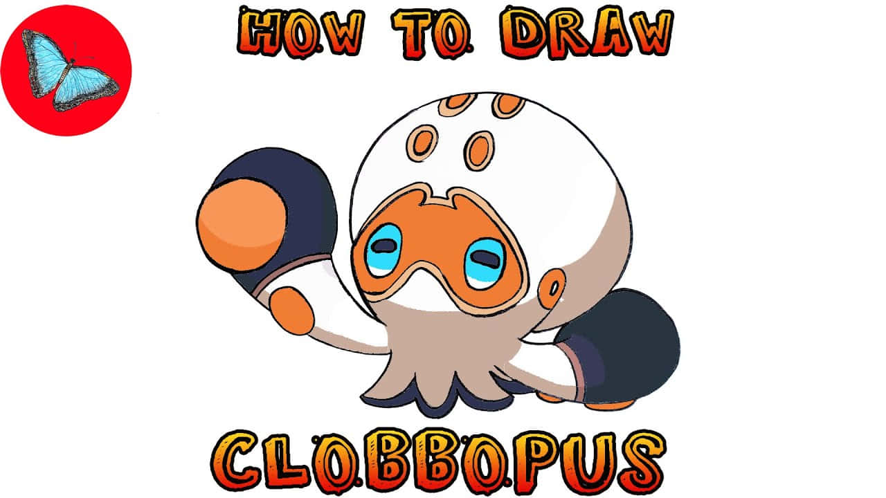 如何畫Clobbopus 壁紙 — 一個戴著拳擊手套的卡通魷魚角色，在帶有蝴蝶圖標的「HOW TO DRAW CLOBBOPUS」文字下方擺姿勢。