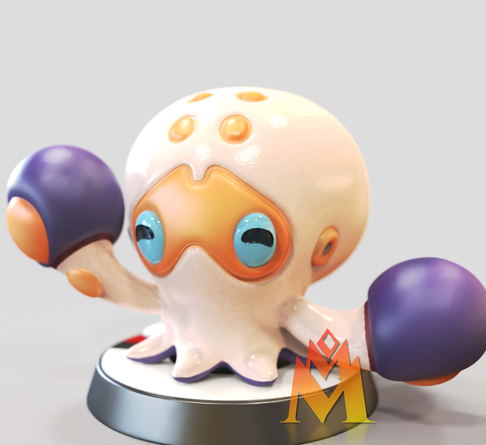 Clobbopus 小雕像 壁紙 — 一個可愛的3D渲染章魚獎盃公仔，藍色眼睛和紫色拳擊手套，擺放在銀色底座上。