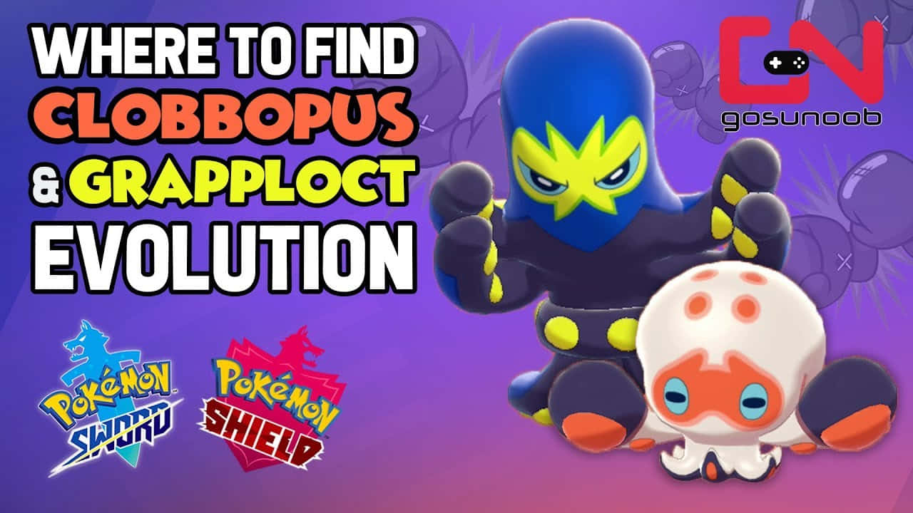 Clobbopus進化寶可夢 壁紙 — 兩隻寶可夢角色 Clobbopus 和 Grapploct 在紫色漸變背景前擺姿勢，並帶有遊戲標誌和文字。