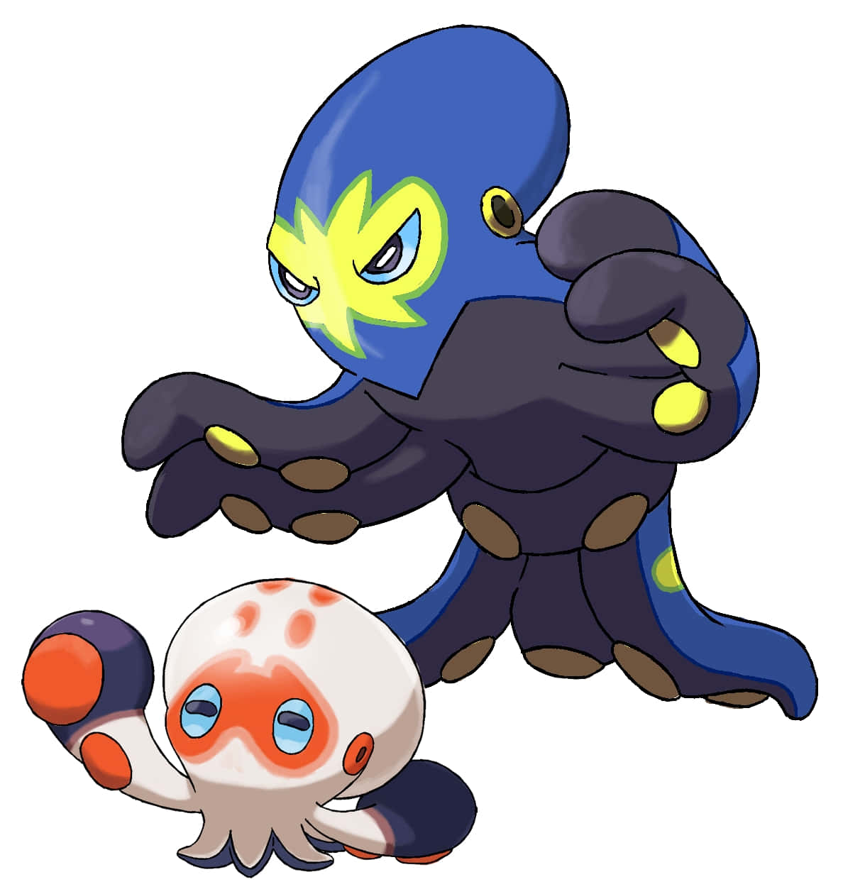 Clobbopus 與大 Grapploct 壁紙 — 兩隻卡通章魚寶可夢，一隻藍色帶黃色標記，另一隻白色帶橙色斑點，兩者均擺出動態姿勢。