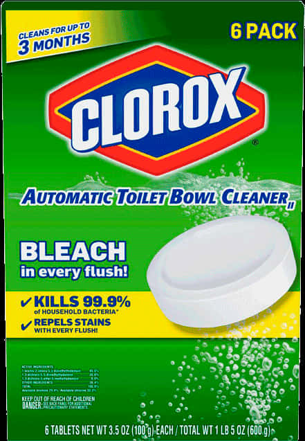 Clorox 自動馬桶清潔劑包裝 壁紙 — 一個綠色盒子，內有Clorox自動馬桶清潔片，附有白色清潔片和冒泡水圖案。